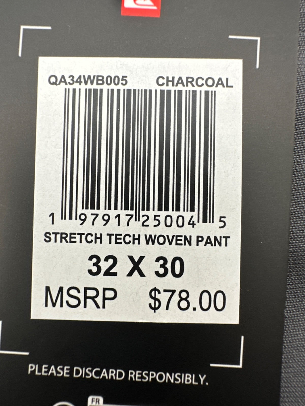 $78 Quicksilver Men’s Stretch Tech Woven Pants - Charcoal -Size: 32W x 30L -New