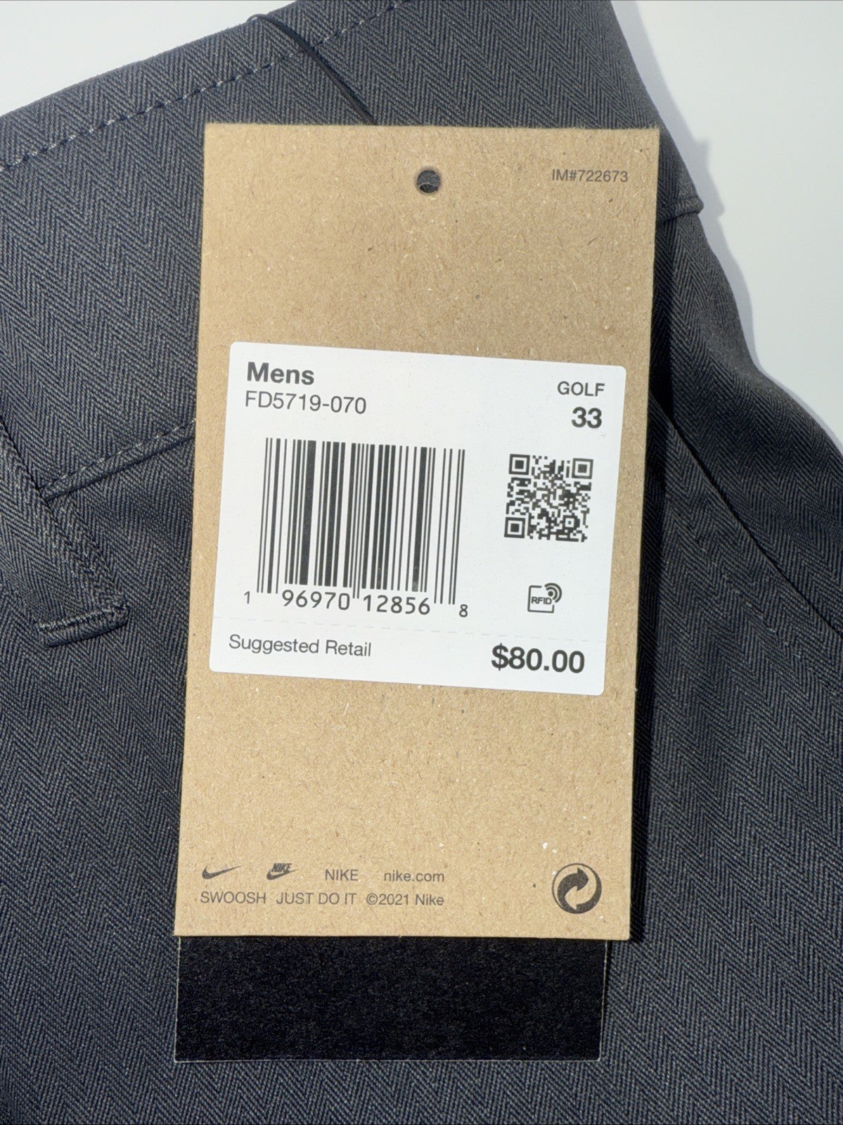 $80 Nike Men’s Tour 10" Chino Golf Shorts FD5719-070- Smoke Grey-Size: 33W-New