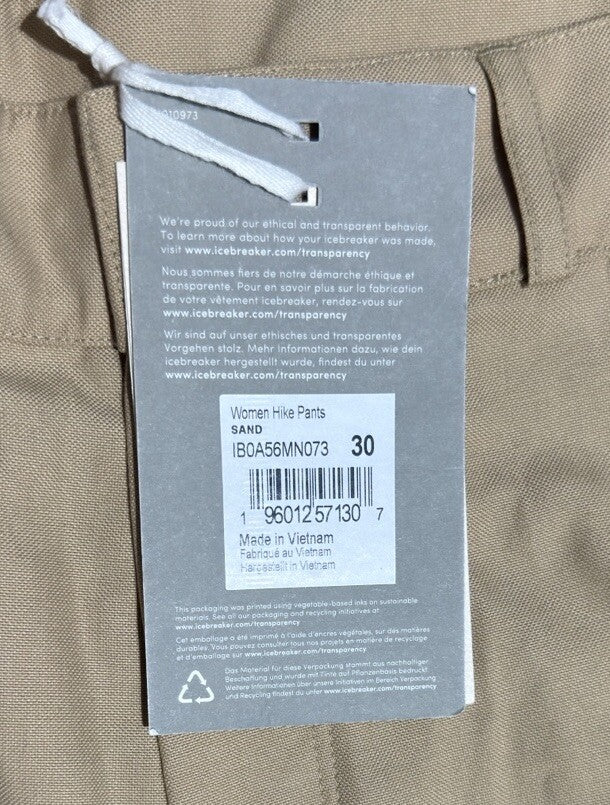 $240 Icebreaker Women’s Hike Pants Cargo Zip- Sand- Size 30w