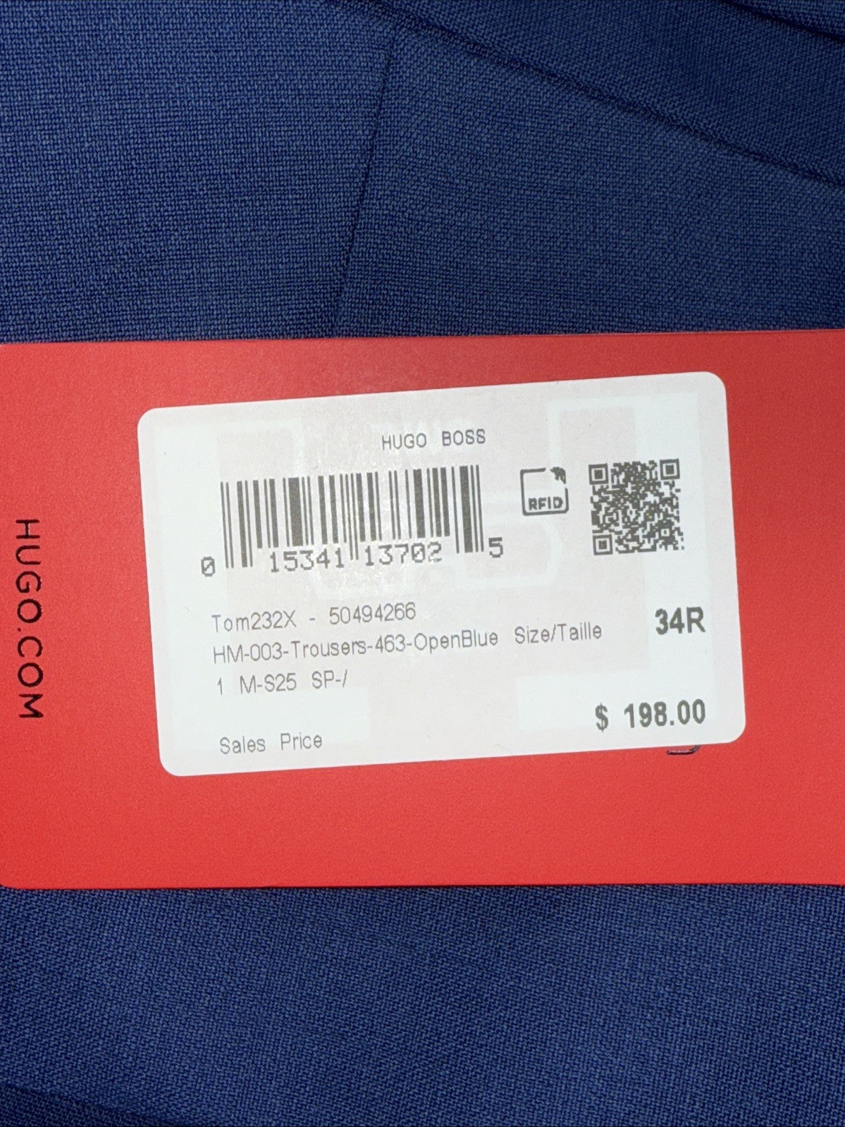 $198 Hugo Boss Men's Slim-Fit Trousers - Open Blue - 34 Regular - New With Tags
