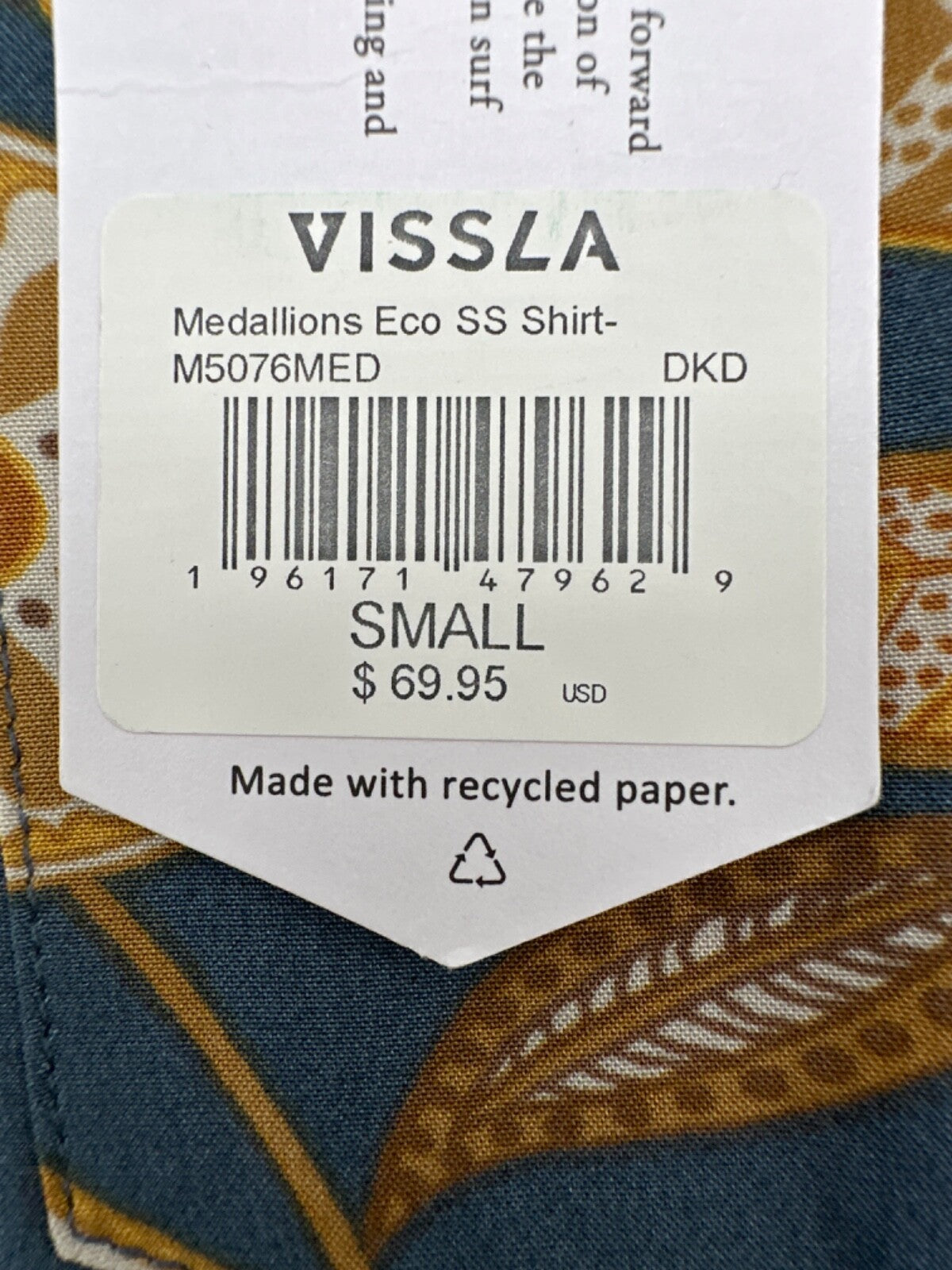 $70 Vissla Men’s Woven Medallions Eco Button Down Shirt - Blue/Gold - Small-New