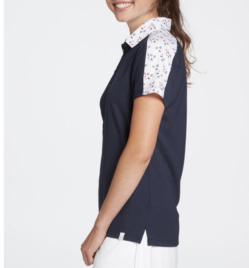 Lady Hagen Women's Printed Block Golf Polo Shirt - Navy/white - Medium - New $55
