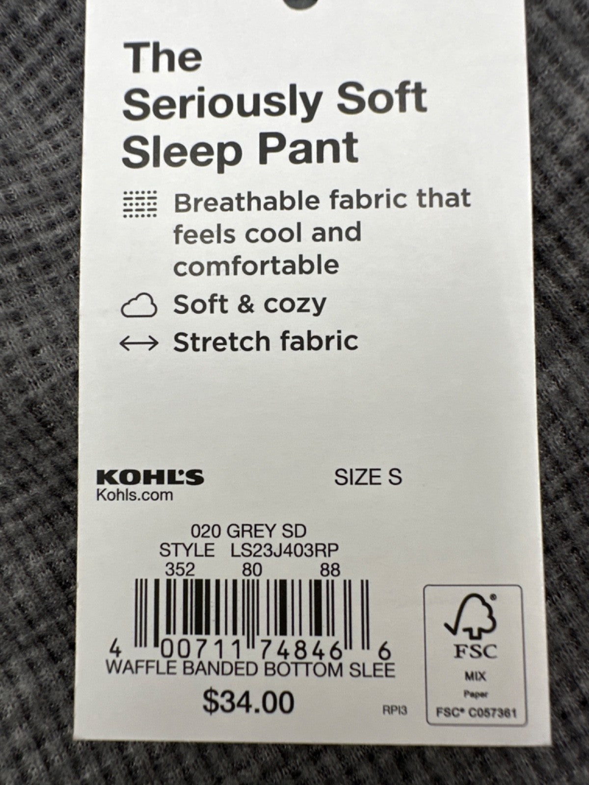 $34 Sonoma Men's Seriously Soft Sleep Pant - Grey - Small - New With Tag