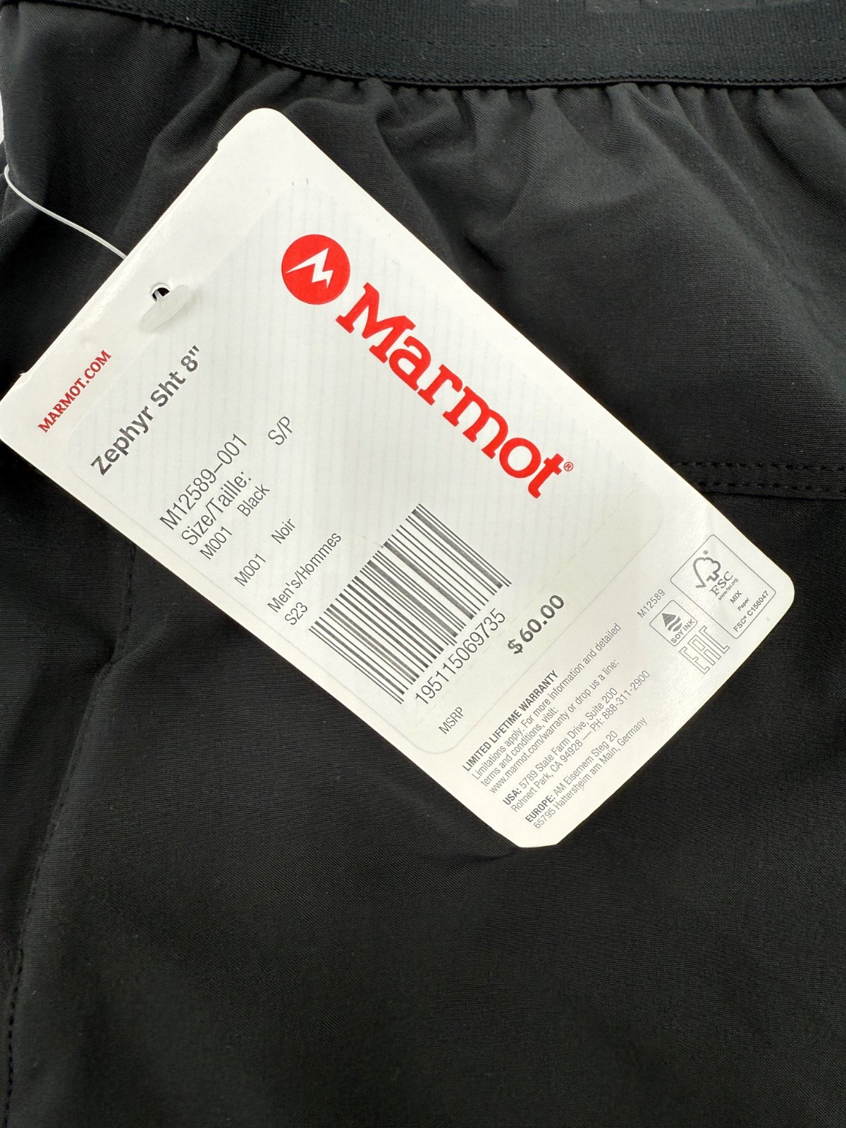 $60 Marmot Men’s- Zephyr 8" Shorts- Black- Small-New With Tag