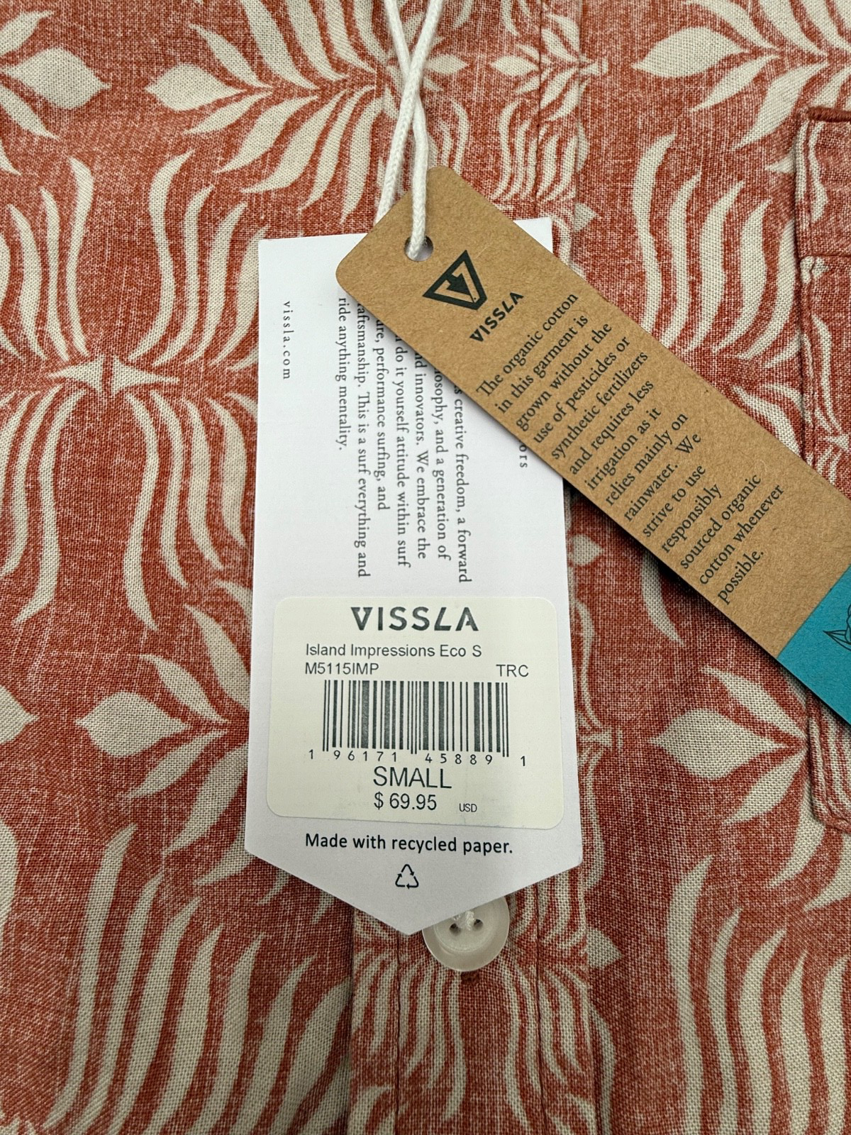 $70 Vissla Men’s-Island Impressions Cotton Button Up Shirt-Orange-Small-New Tag