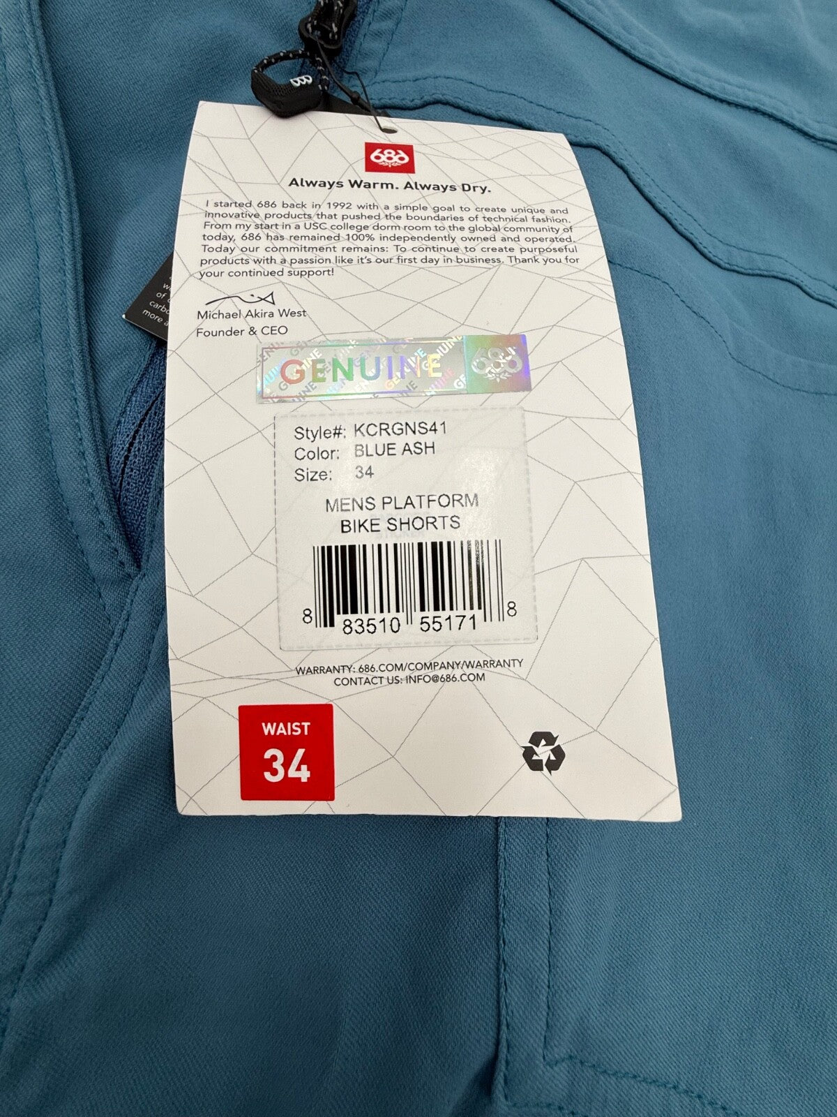 $59 686 Men’s-Platform 12” Bike Shorts-Ash Blue-34W-New Tag