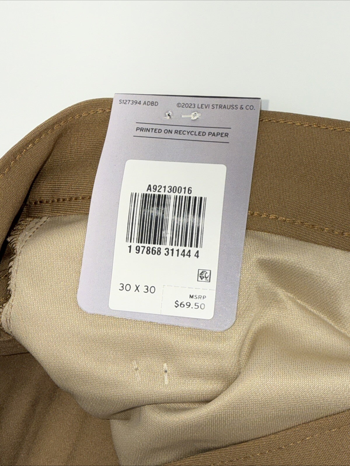 $70 Levi's Men's 511 Slim Tech Pants Stretch A92130010- Tan - 30W 30L - New Tag