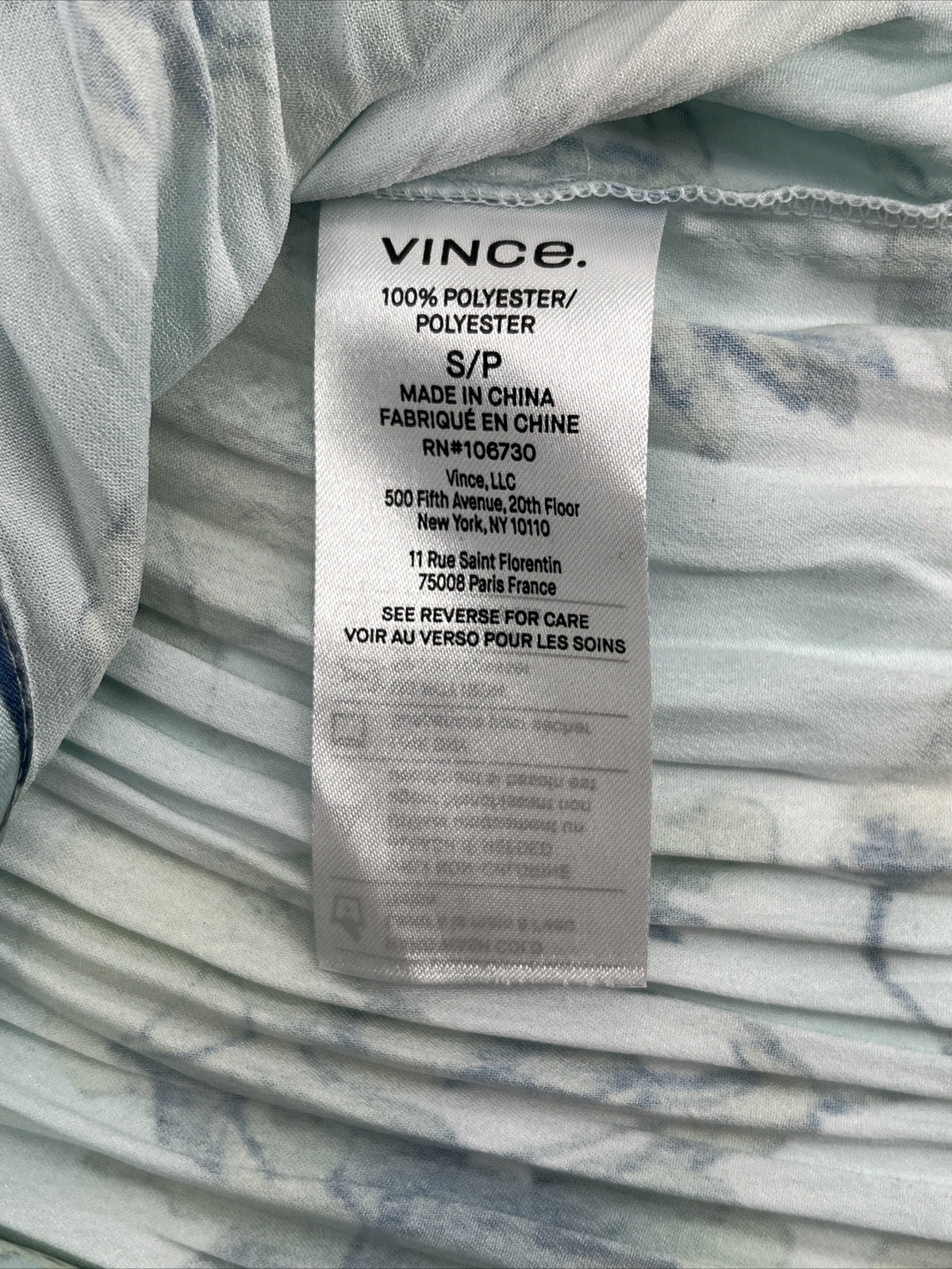 $295 Vince Women’s Floral Crushed Satin Blouse Shirt- Pale Lagoon-Small-New Tag