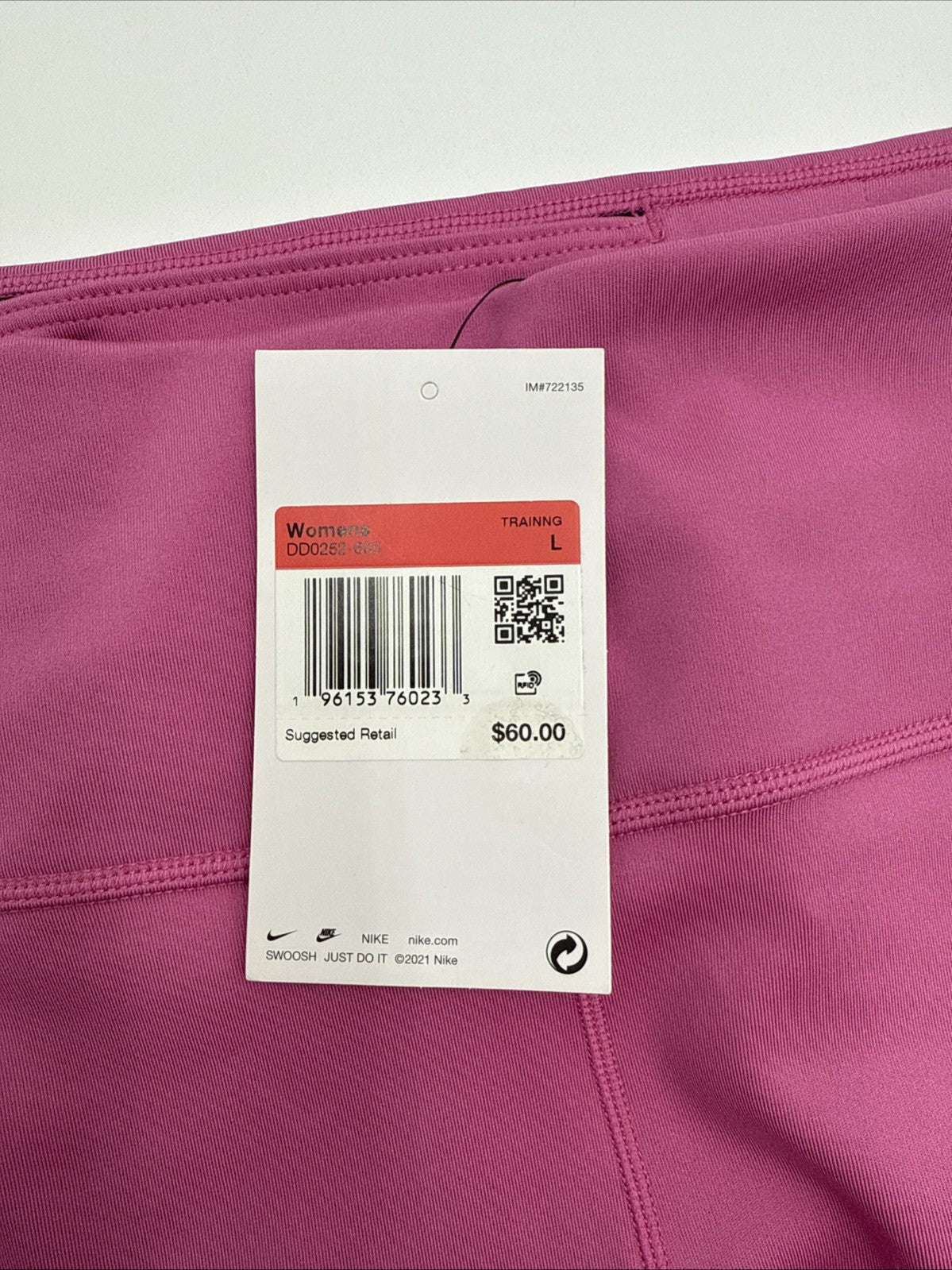 $60 One Women's Full-Length Leggings - DD0252 - Pink - Large - New With Tags