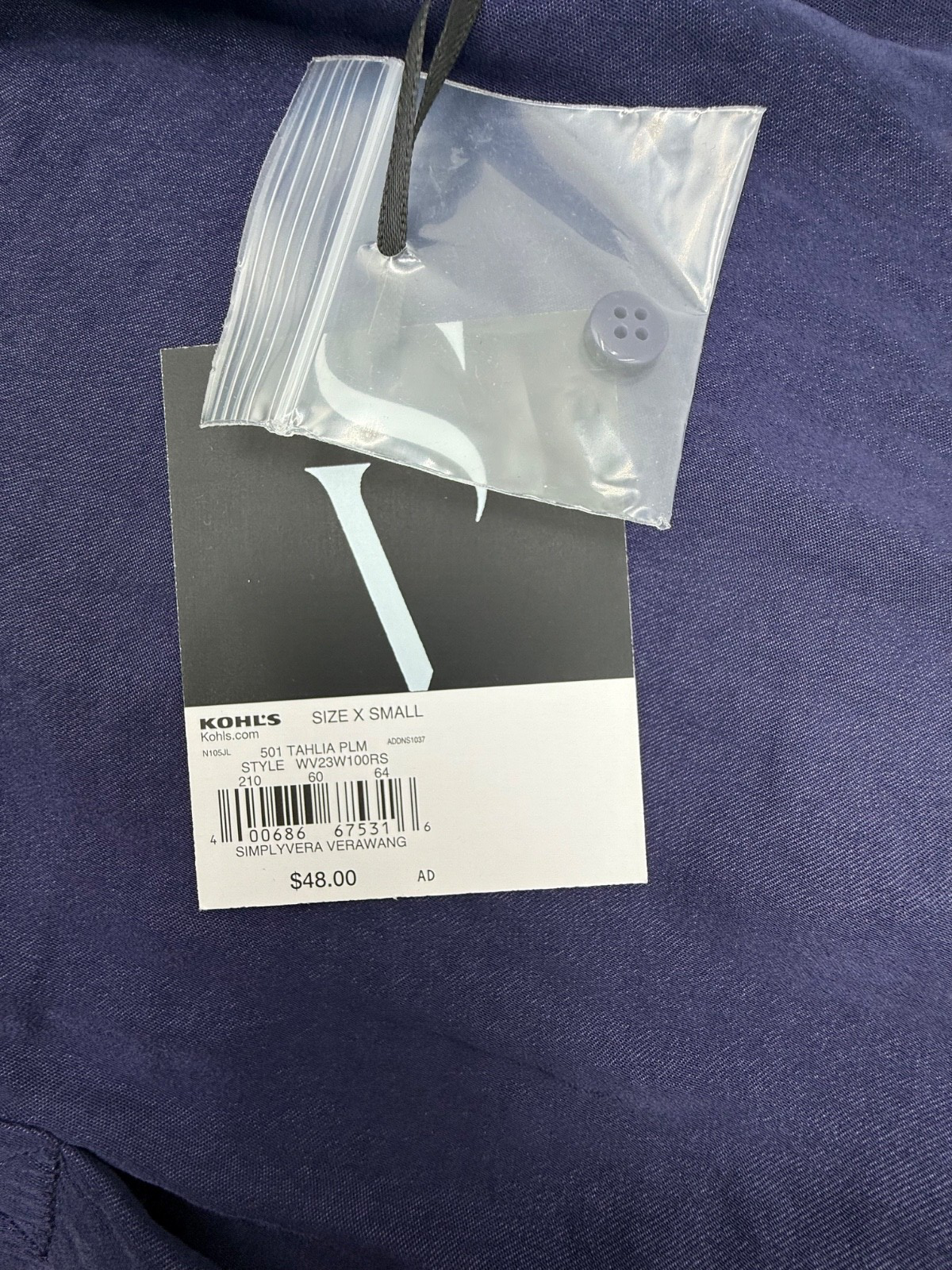$48 Simply Vera Women’s-Roll-Tab Sleeve Popover Blouse Top-Purple-XSmall-New Tag