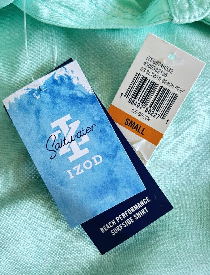 $65 IZOD Men’s Saltwater Beach Performance Printed Shirt - Ice Green- Small -NWT