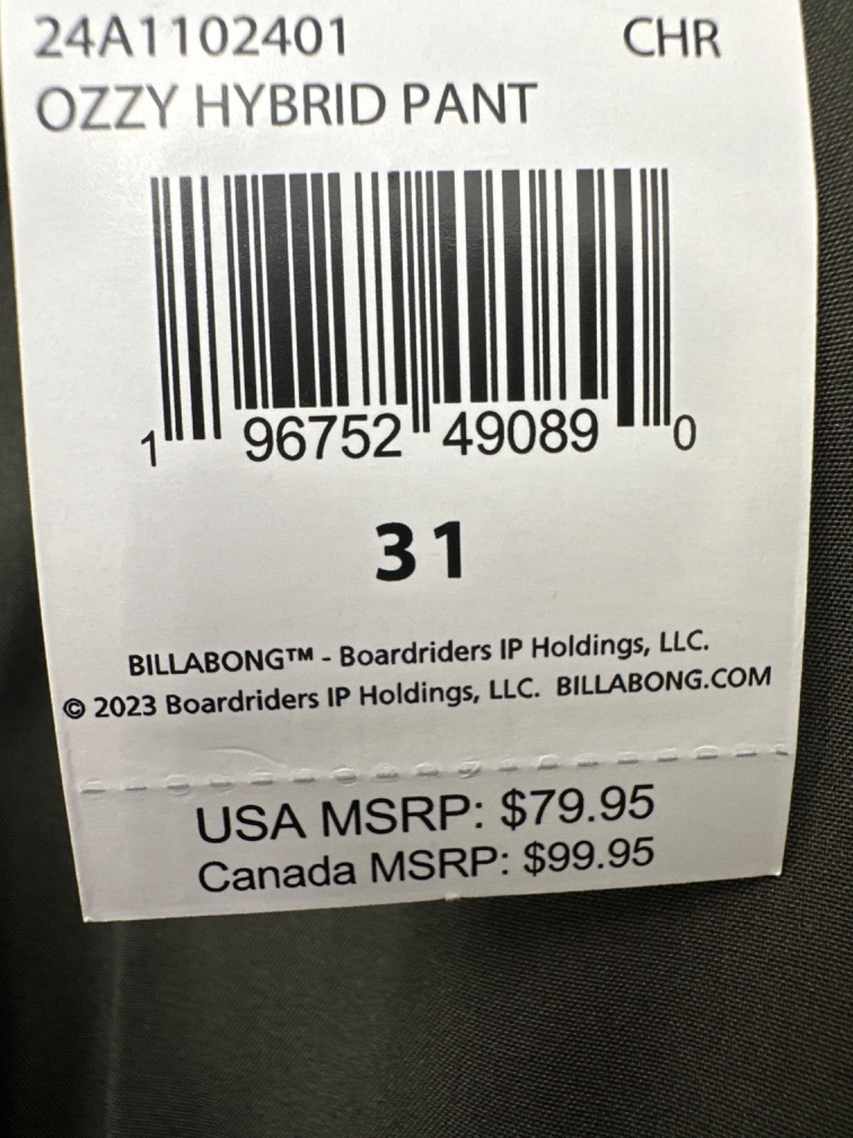$80 Billabong Men's Ozzy Hybrid Pants - Charcoal Heather - Size: 31 - New Tag