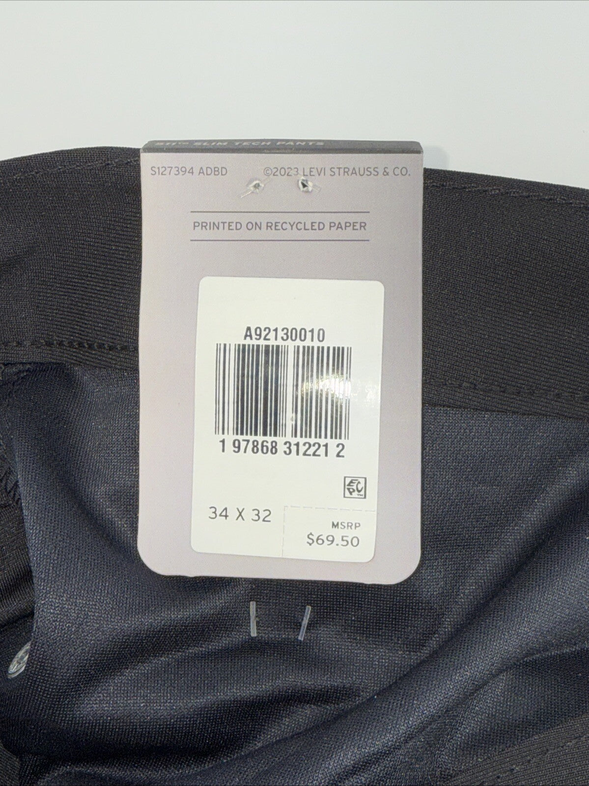 $70 Levi's Men's 511 Slim Tech Pants Stretch A92130010- Black- 34W 32L - New Tag
