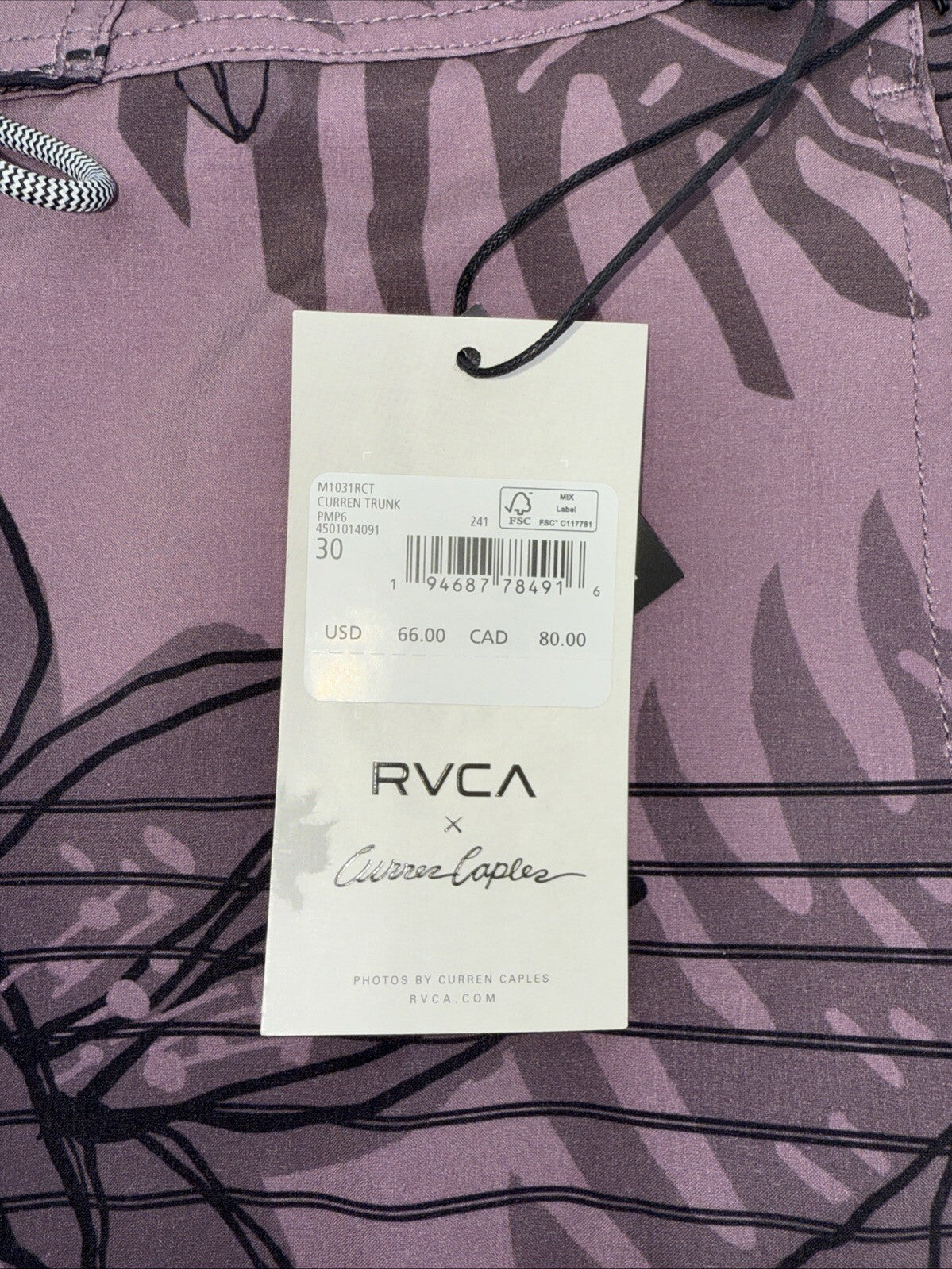$66 Rvca Men’s CURREN Special Edition Floral Striped Swim Trunks-Lavender-30”W