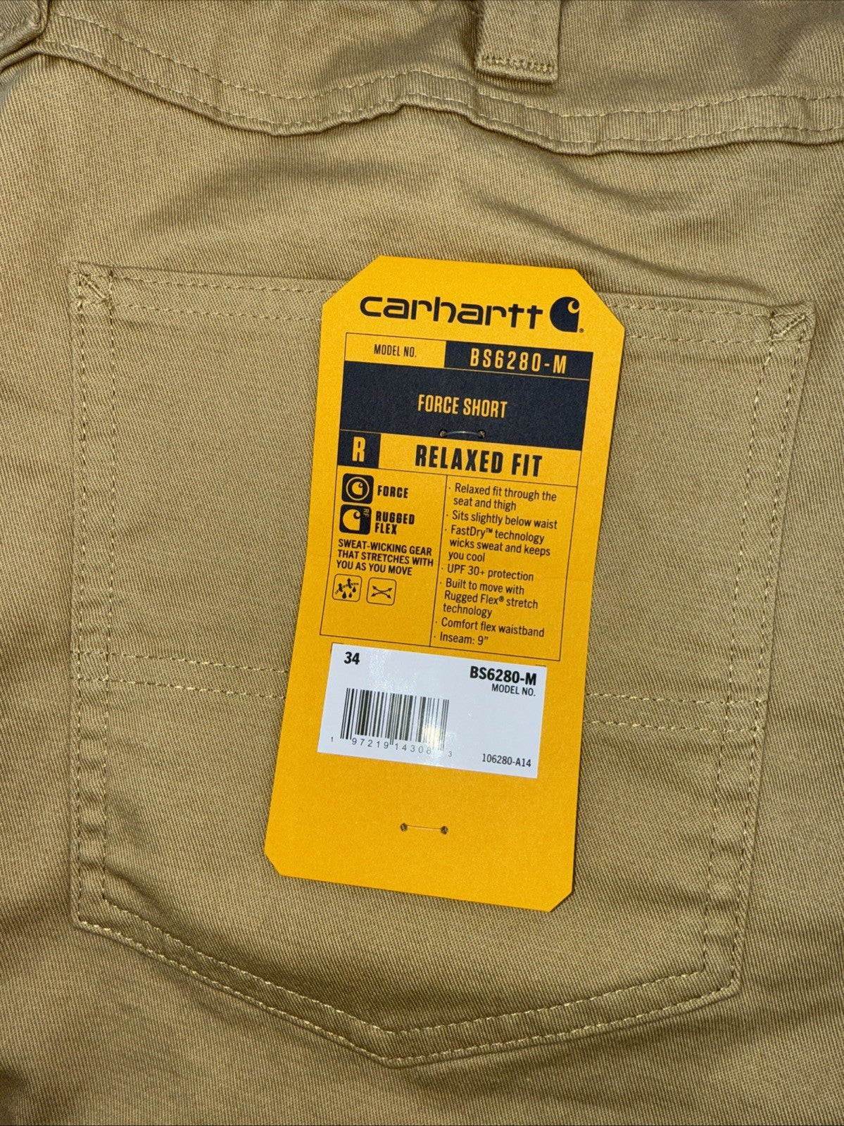 Carhartt Men's 106280 Force® Relaxed Fit Short - 9 Inch - Golden Sand- 34W-New