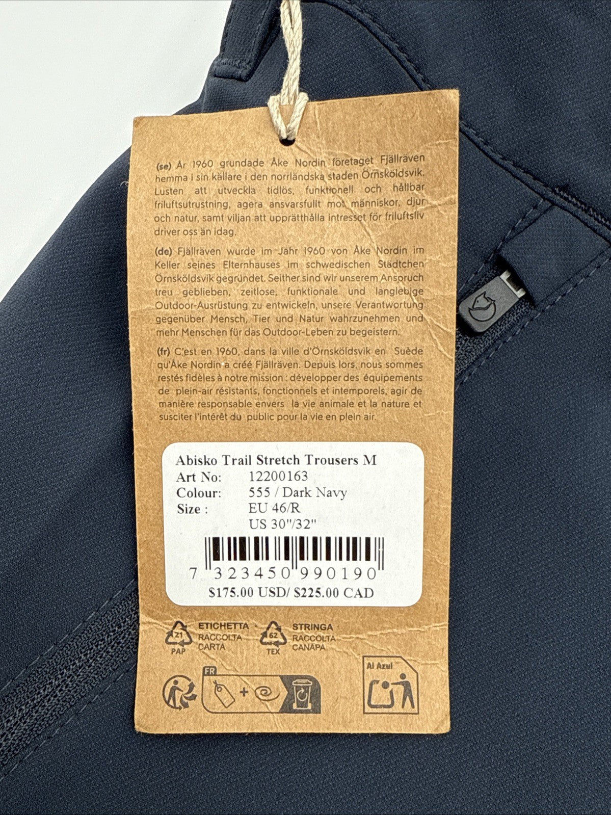 $175 Fjall Raven Men’s Abisko Trail Stretch Trousers - Dark Navy -30W x 32L-New