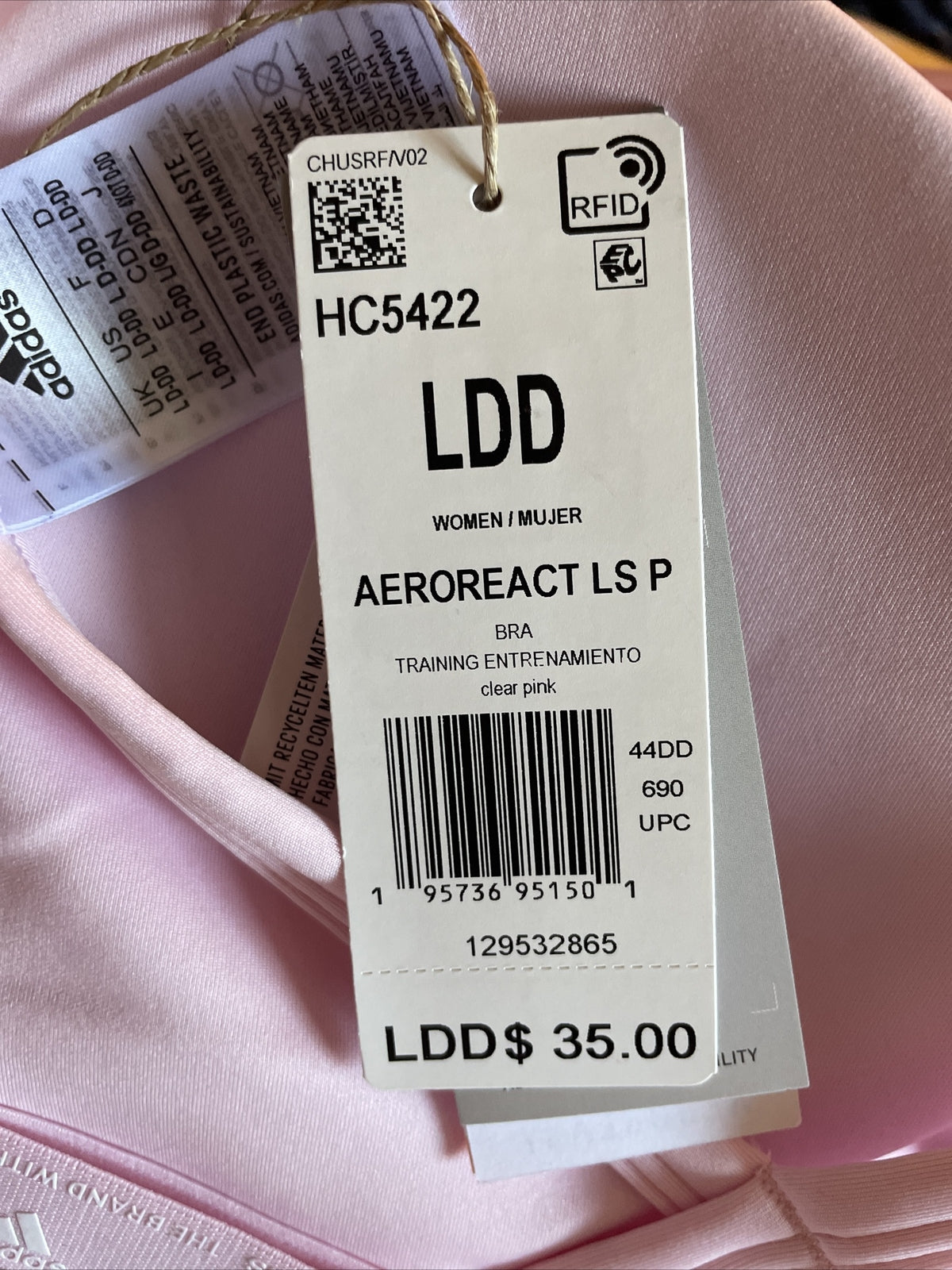 Adidas Aeroreact Training Light-Support Padded Bra- Clear Pink- Size: LDD - New