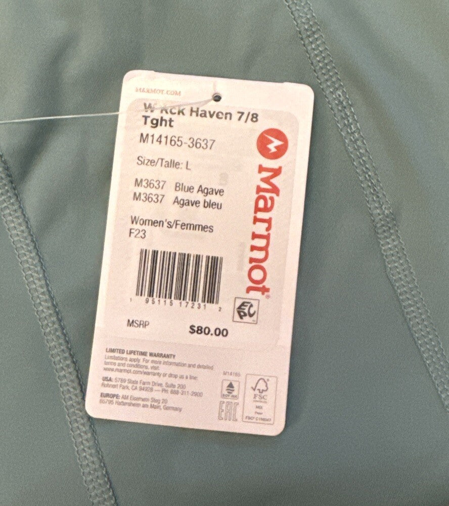 $80 Marmot Women's Rock Haven 7/8 Tights UPF 50- Blue Agave- Large - NWT