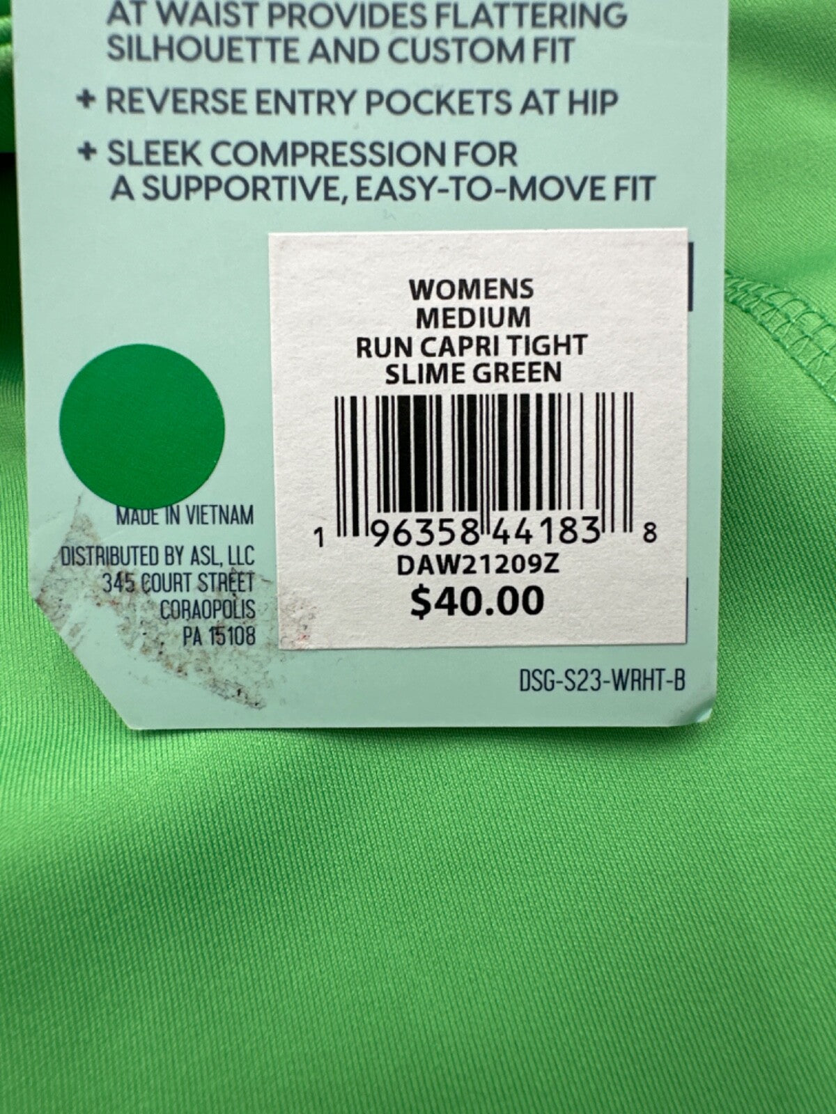 $40 DSG Women’s High Rise Run Capri Tight - Slime Green - Medium - New With Tags