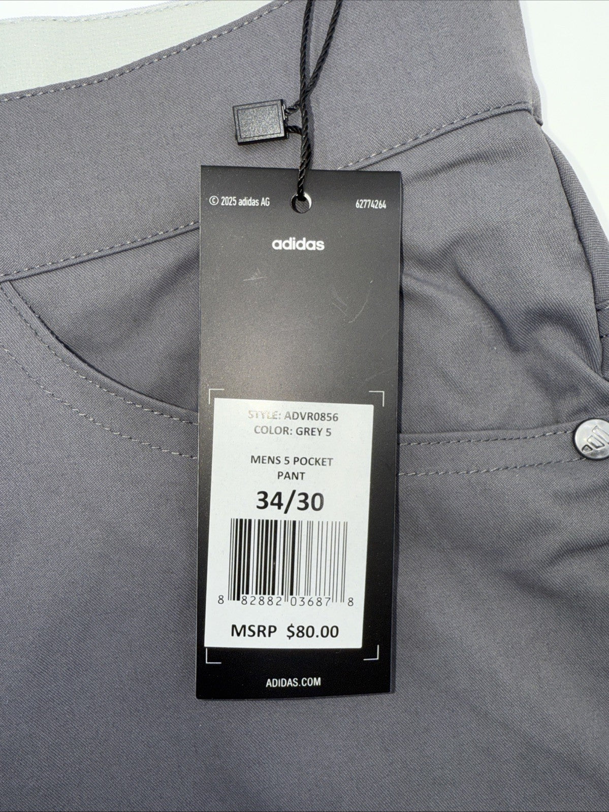 $80 ADIDAS Men's Ultimate 365 5-Pocket Tapered Golf Pants-Grey 5 -34W 30L-New