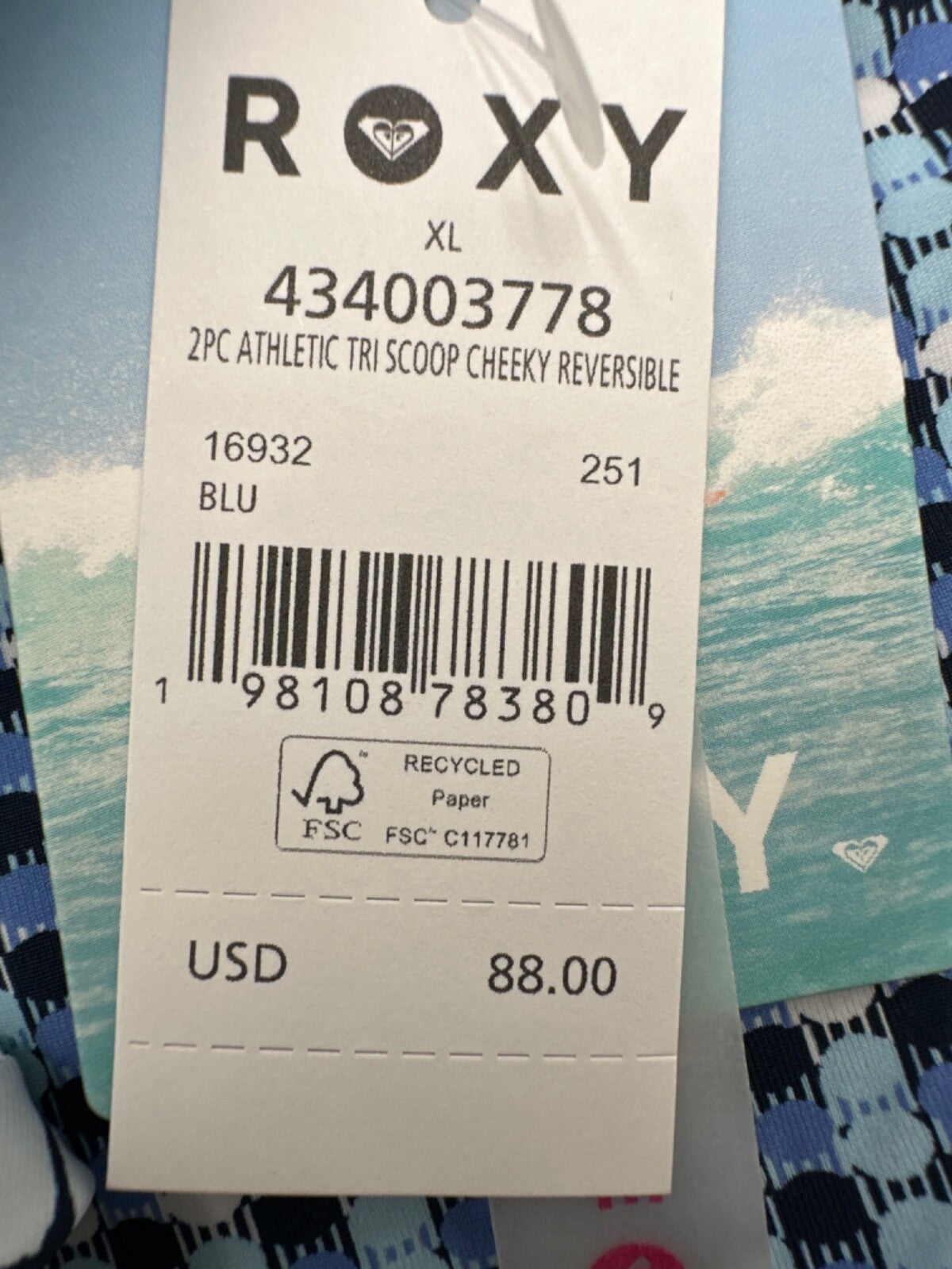$88 Roxy Women’s Tri Scopp Reversible Cheeky Swim Suit - Blue - XLarge - New