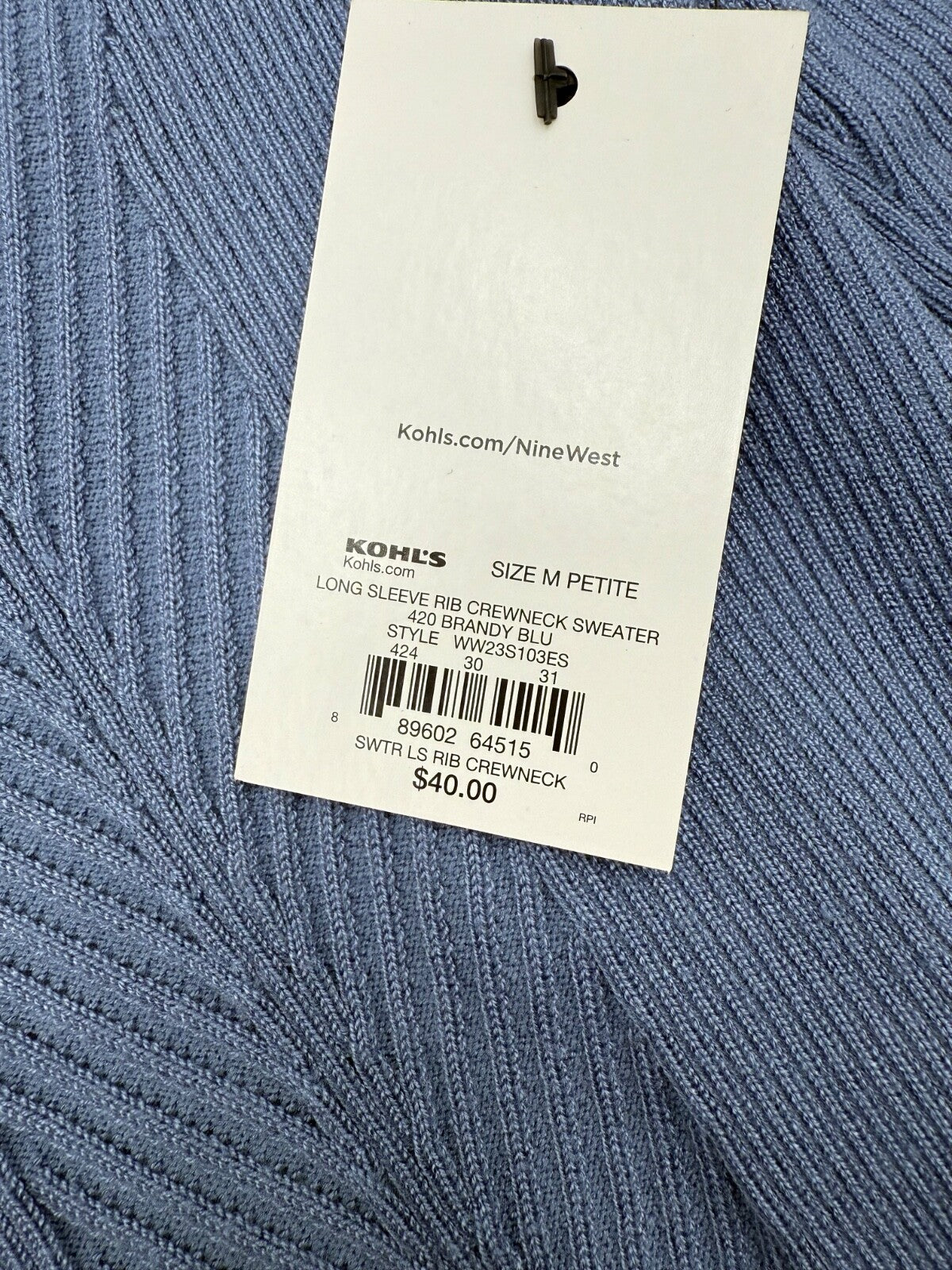 $40 Nine West Women’s-Rib Crewneck Sweater- Blue- Medium Petite- New Tag