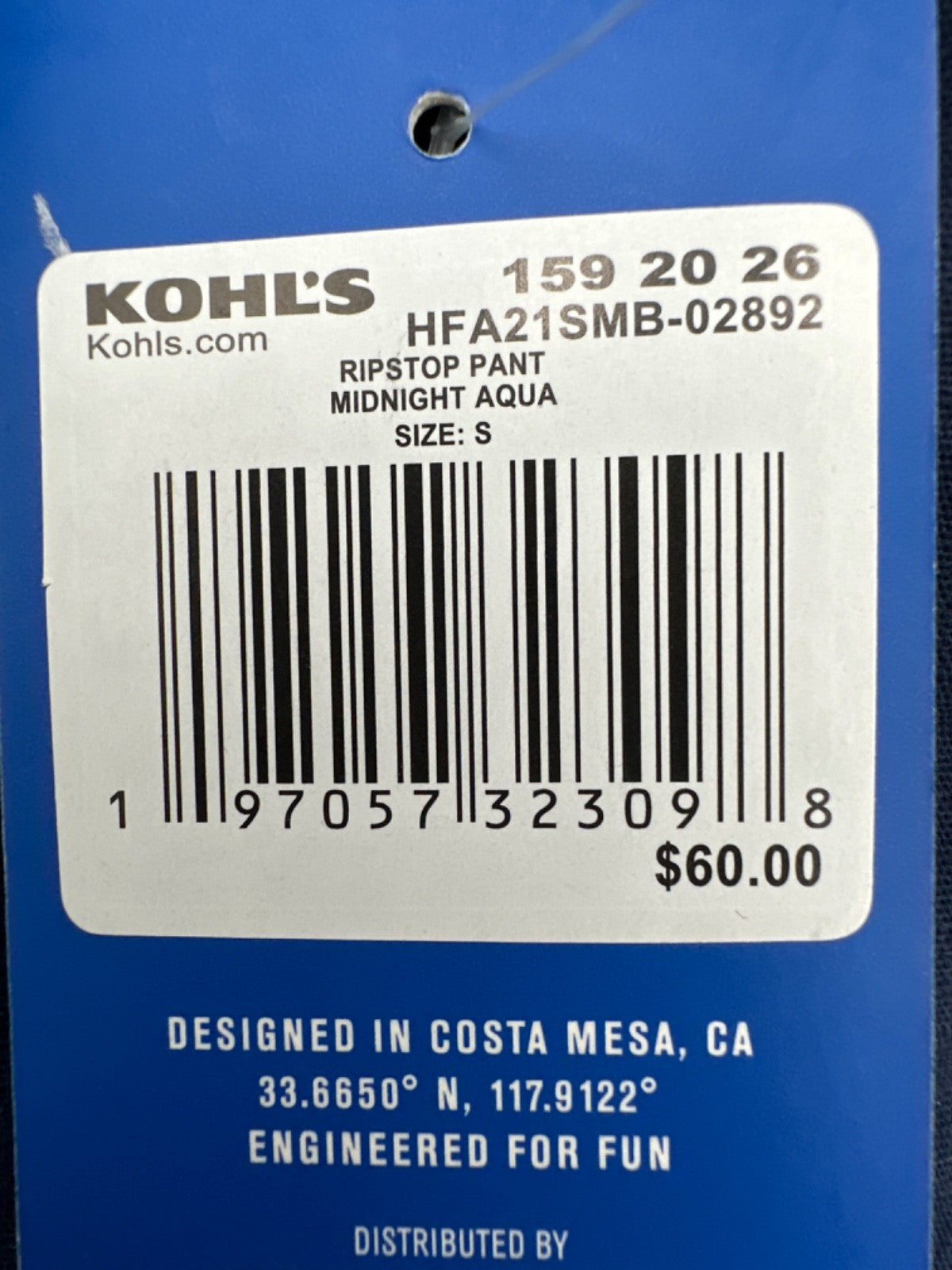 $60 Hurley Men's Ripstop Pants - 1592026 - Midnight Aqua - Small - New With Tag