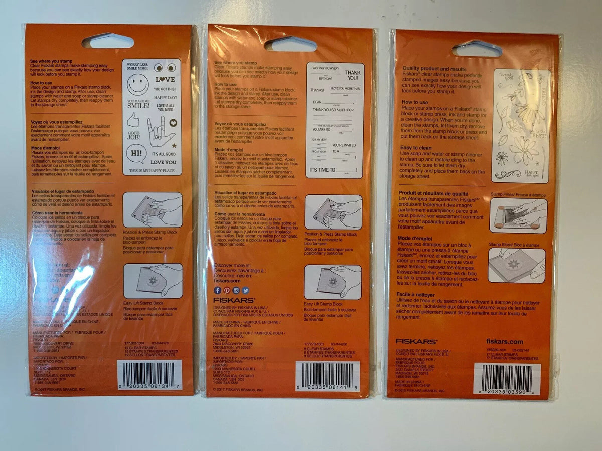 Lot Of 3 Fiskars Clear Stamps 4"X8" - All Smiles, Fill In The Blank, Petals