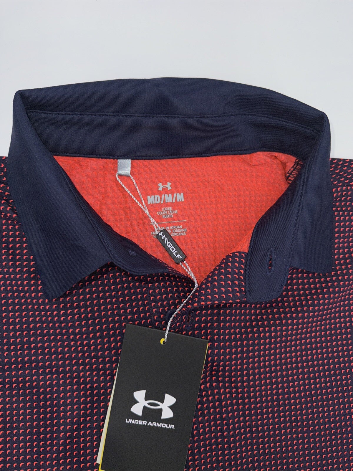 $78 Under Armour Golf Men's T2 Half Moon Polo Shirt- Navy/Orange- Medium-New Tag