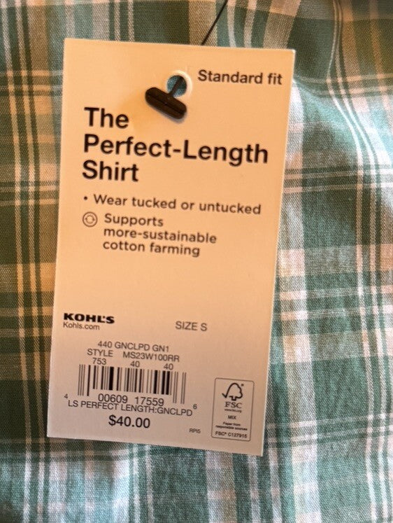 Sonoma Men’s Perfect-Length Button-Down Shirt - Green Blue Plaid- Small-NWT