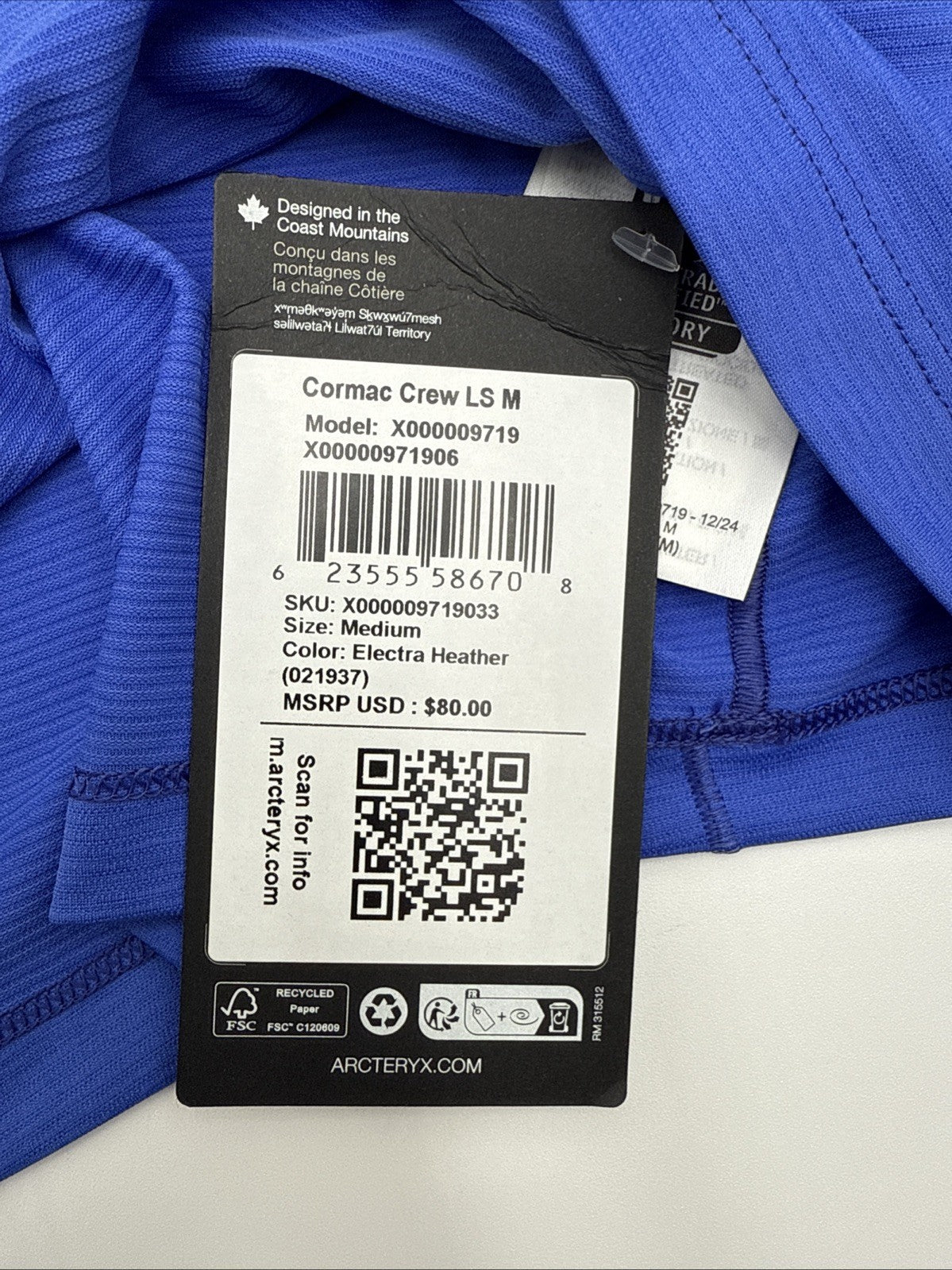 $80 Arc'teryx Men’s Cormac Logo Long Sleeve Performance Shirt-Electra- Medium