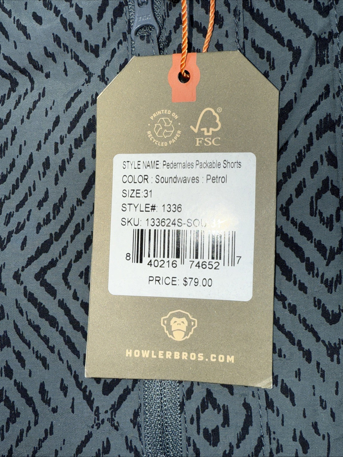$79 Howler Brothers Men’s Pedernales Packable Short 7” - Soundwaves Petrol - 31W