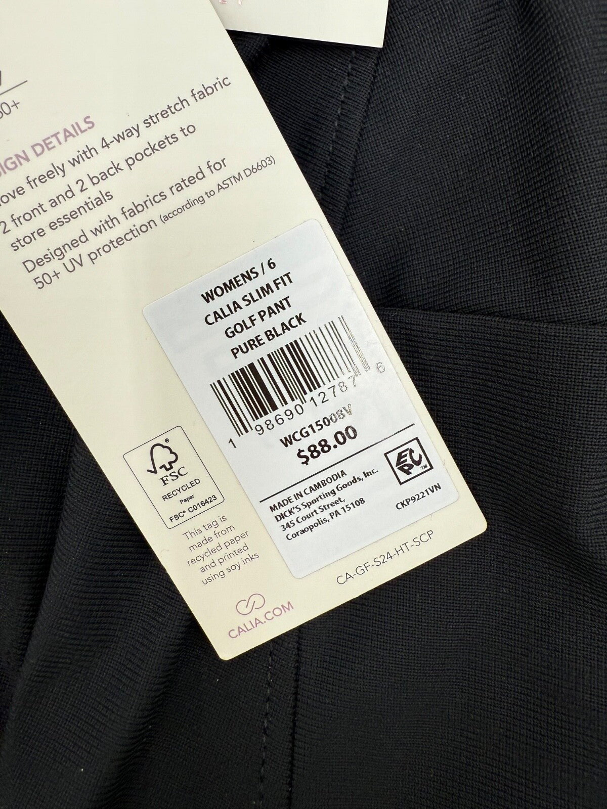 $88 Calia Women’s-Slim Fit Golf Pants-Pure Black- Size 6- (30W) New Tag