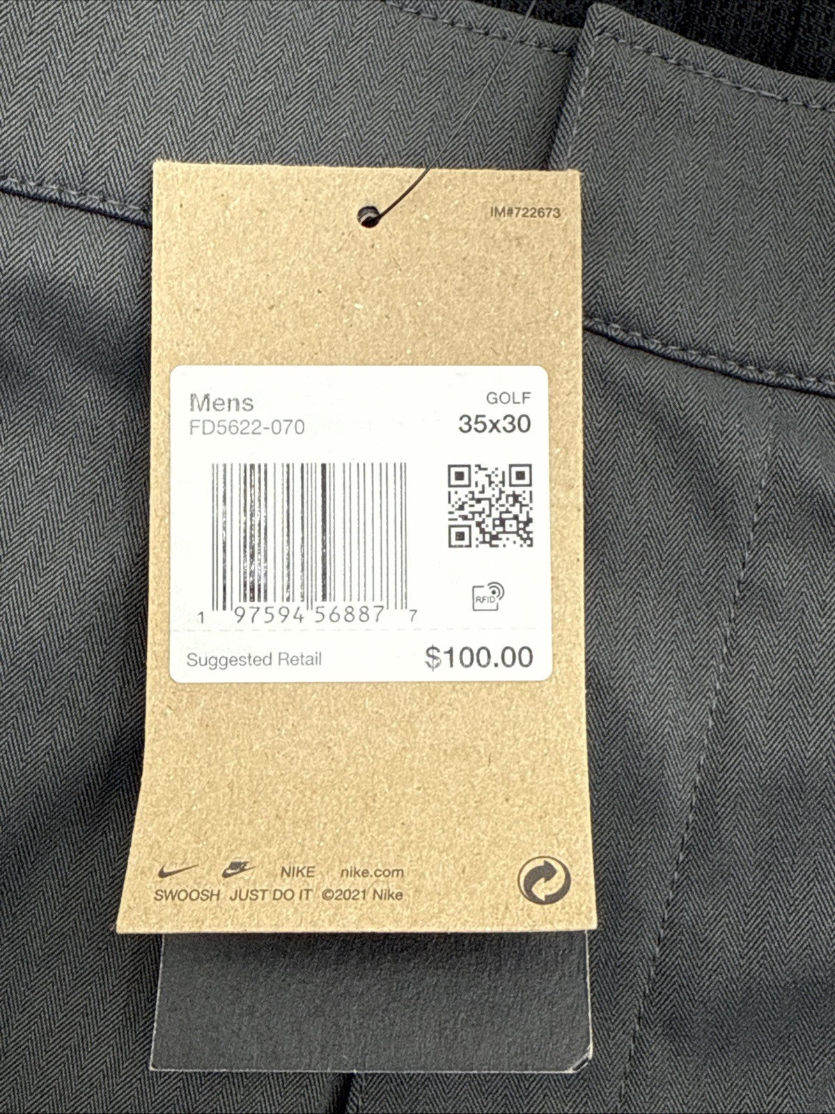 $100 Nike Men's Slim Fit Golf Pants - Dark Smoke Grey - 35Wx30L - New With Tags