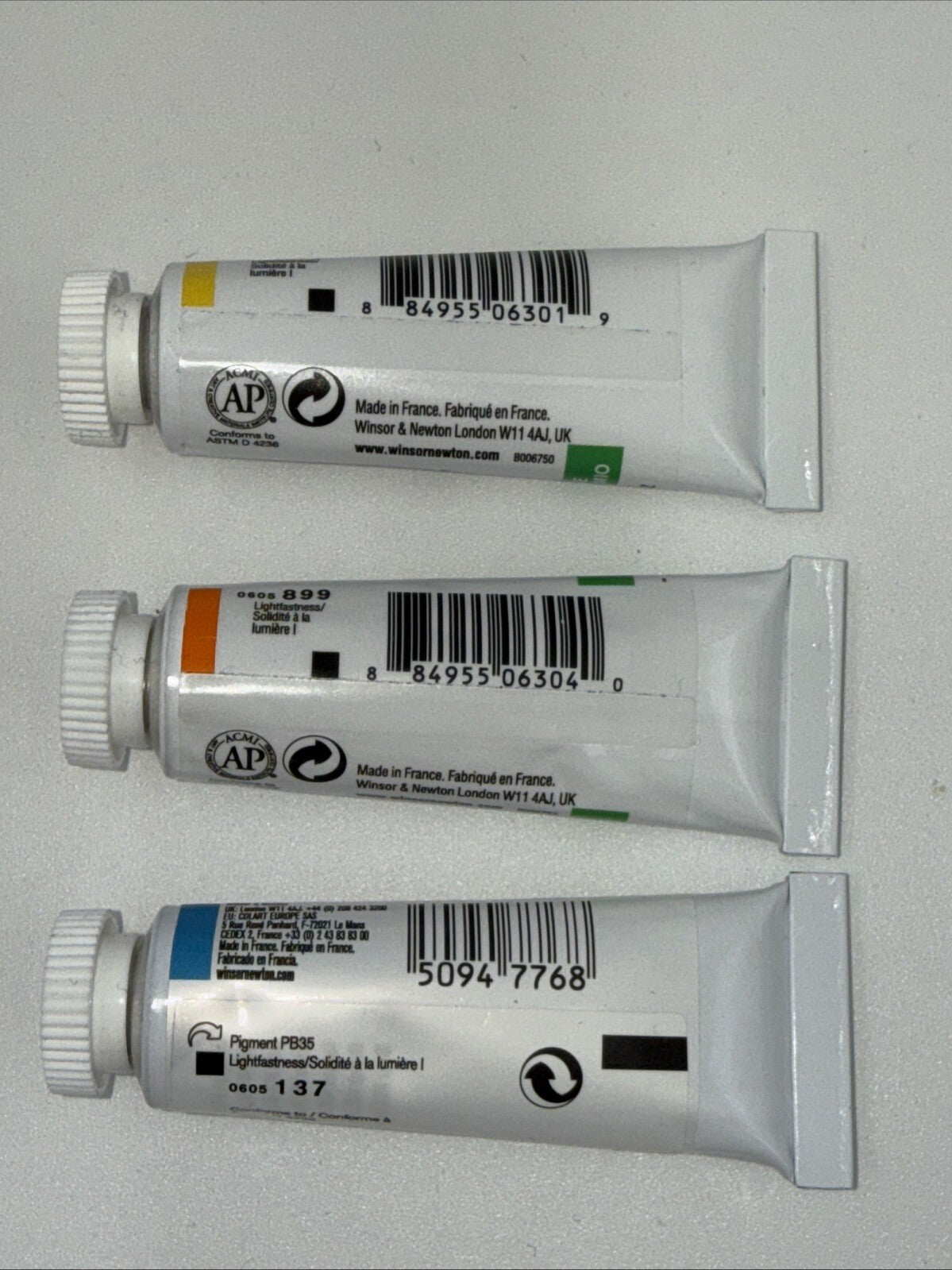 Combo Lot Of 3 Tubes Winsor & Newton Designers' Gouache, Blue, Orange, Yellow