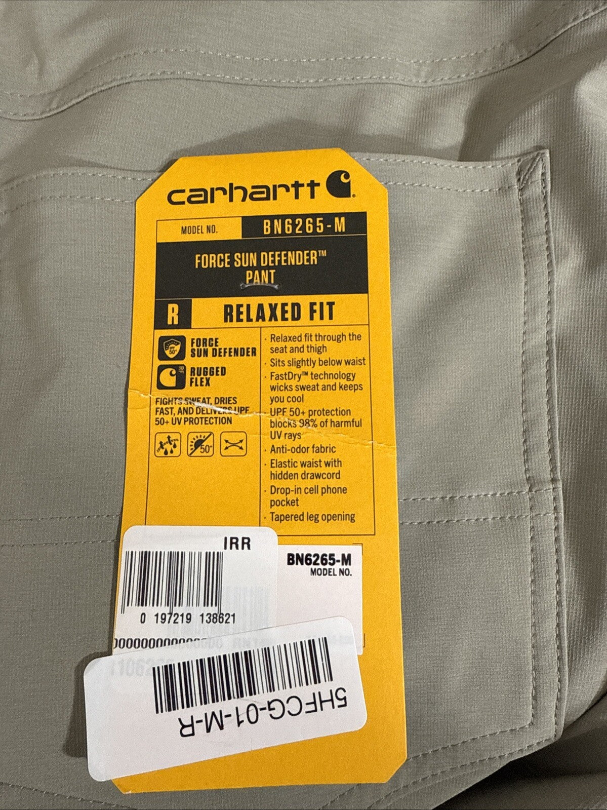 $98 Carhartt Men’s Force Sun Defender Lightweight Pants-Beige-Medium Short - New