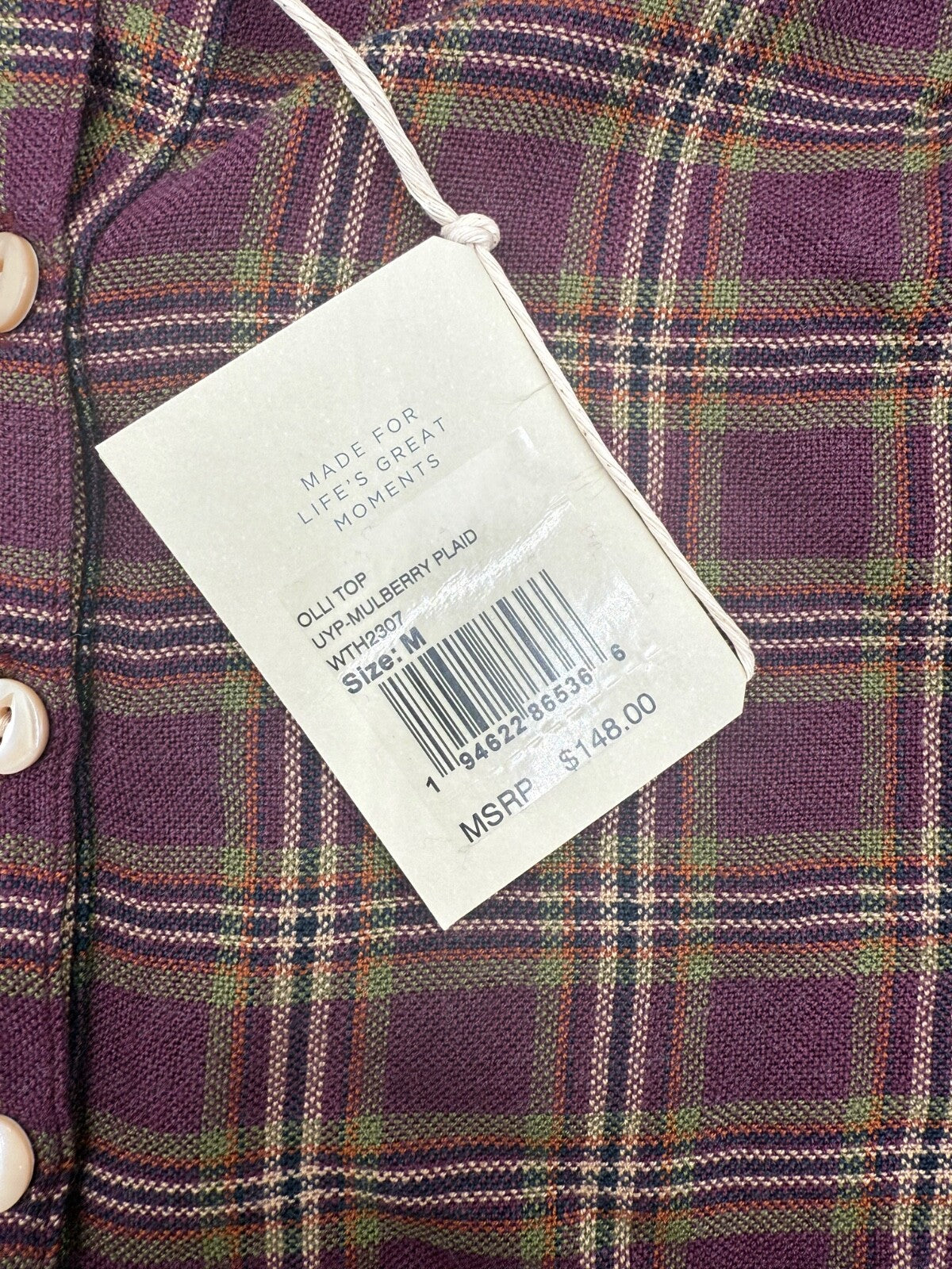 $148 Faherty Women’s- Olli Top-Mulberry Plaid-Medium-New Tag