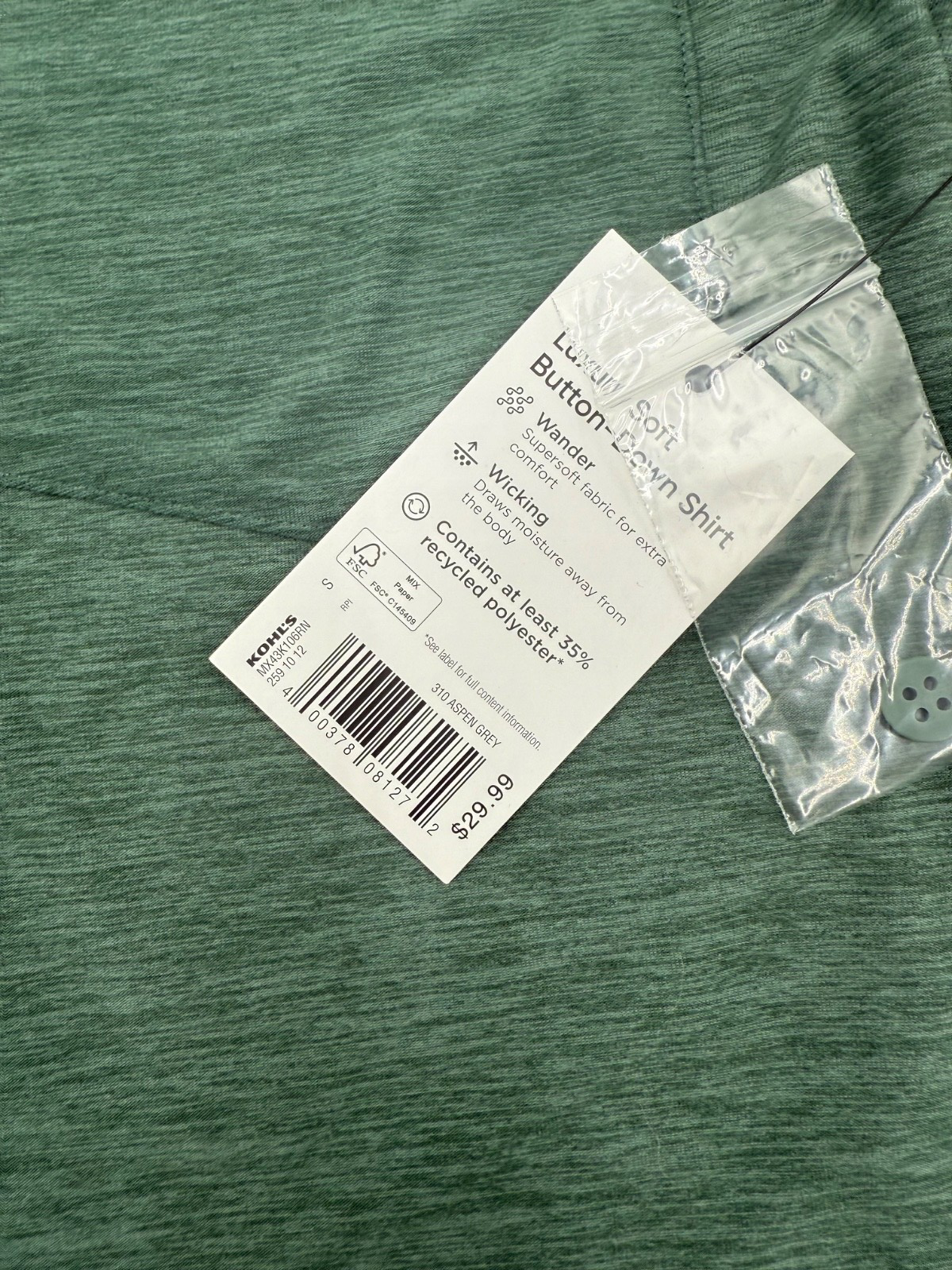 $30 FLX Men’s-Luxury Soft Button-Down Shirt-Green-Small-New Tag