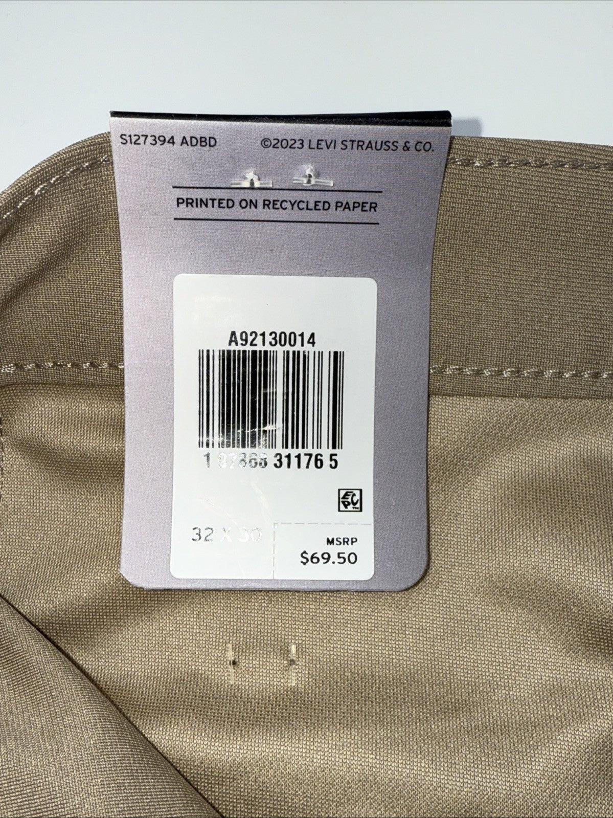 $70 Levi's Men's 511 Slim Tech Pants Stretch A92130010- Beige- 32W 30L - New Tag