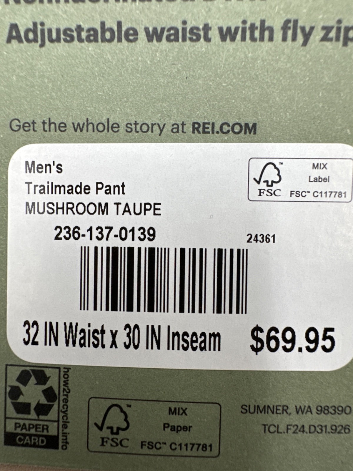 $70 REI Co-Op Men's Trailmade Pants - Mushroom Taupe - 32W x 30L - New With Tag