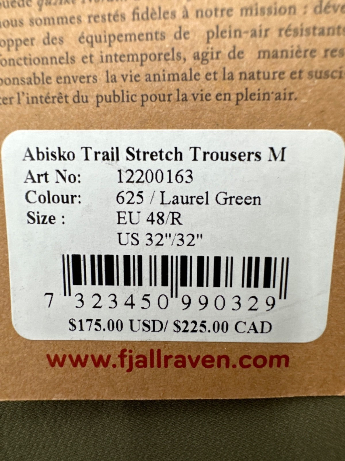 $175 Fjall Raven Abisko Trail Stretch Trousers-Laurel Green- 32W x 32L - New Tag