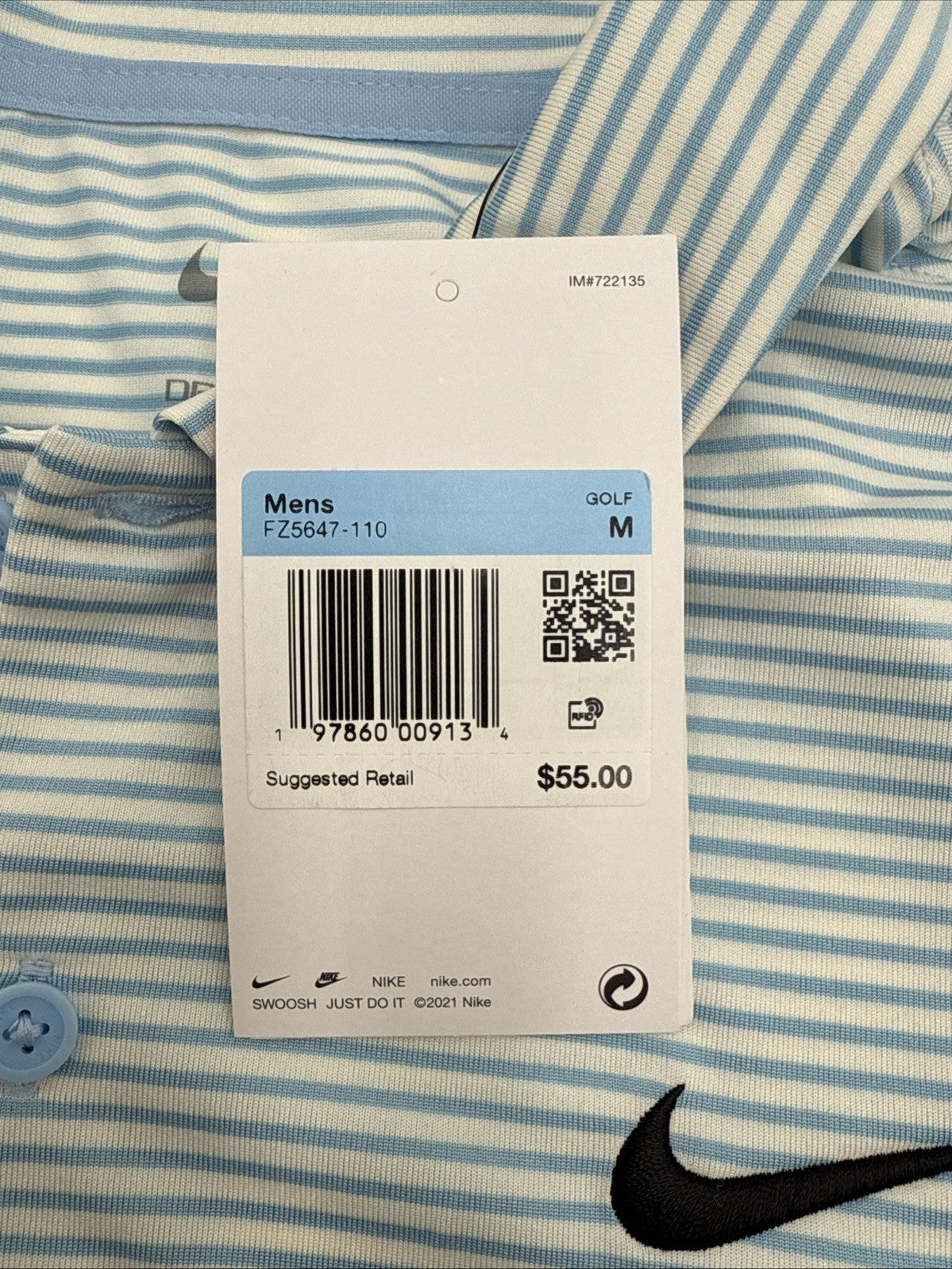 $55 Nike Men's Dri-Fit Core Stripe Golf Polo Shirt - Pale Ivory/Blue - Medium
