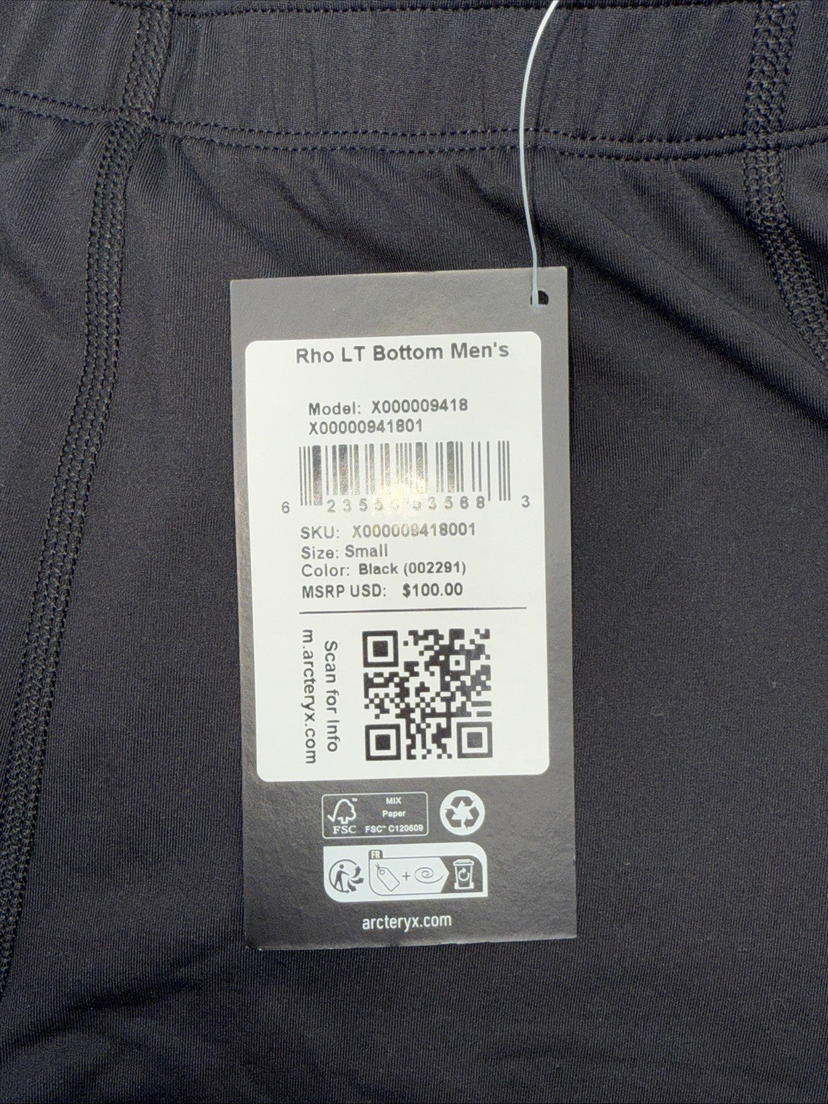 $100 Arc'teryx Men’s Rho Hybrid Bottoms Stretch - Black - Small- New Tags