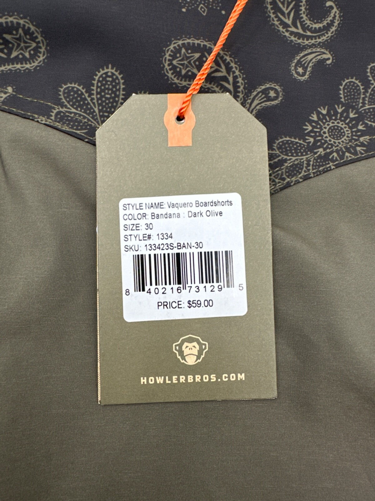 $60 Howler Bros Men’s Vaquero Boardshorts 8” - Bandana Dark Olive- Size 30W-New