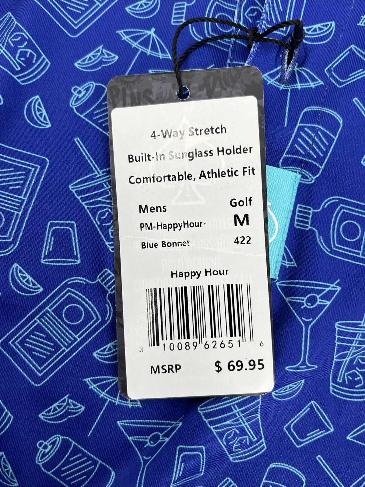 $70 Pins & Aces Men’s Happy Hour Performance Stretch Polo-Blue Bonnet-Medium-New