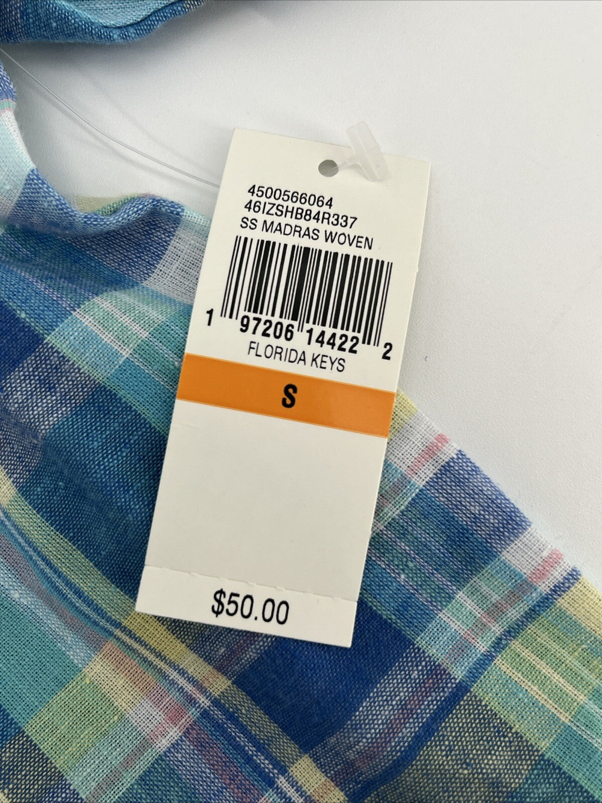 $50 Izod Men’s Linen Blend Madras SS Button Up Shirt-Florida Keys Plaid-Small