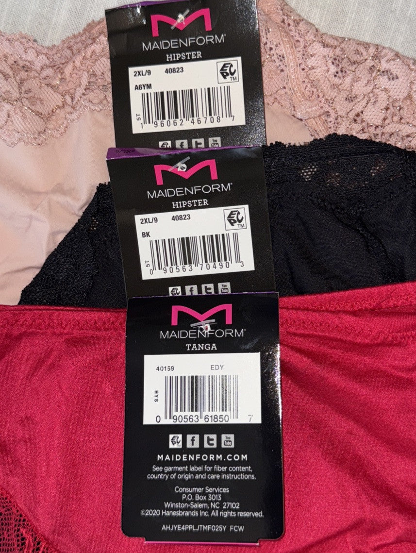 3 Pair MAIDENFORM Panty - 2 Hipster/1 Tanga Size: 9/2XL - Mix Color Combo