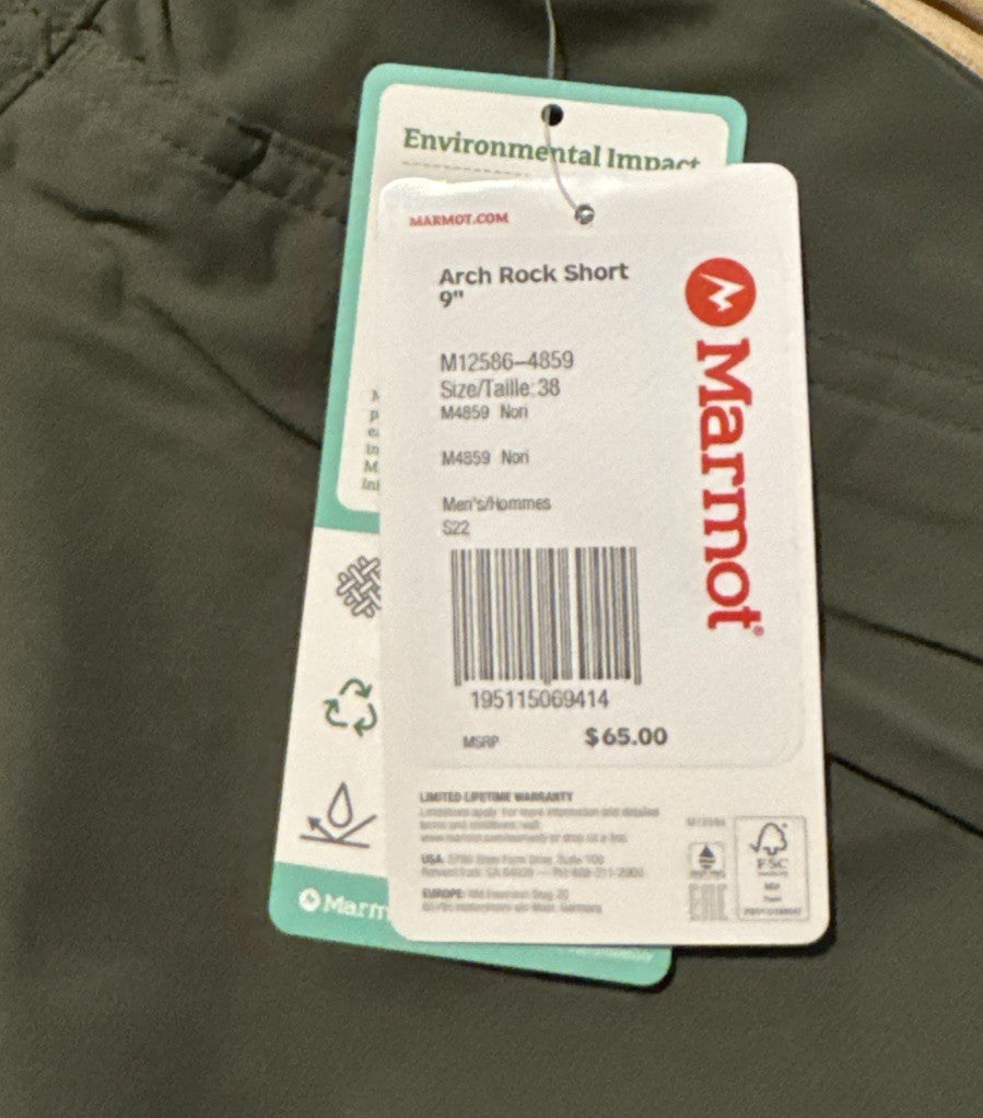 $65 MARMOT Men's Arch Rock Outdoor Hiking Stretch 9” Shorts-Nori Green- 38W-New