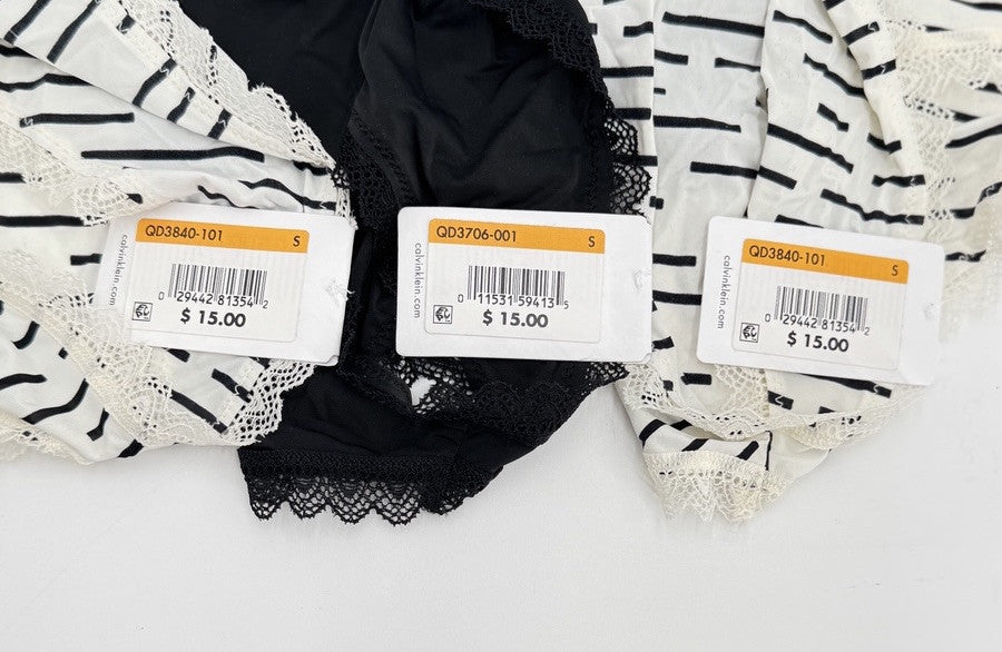 3 Pair Calvin Klein Women’s Bikini Panty QD3840-1 Black/2 Stripe Ivory - Small
