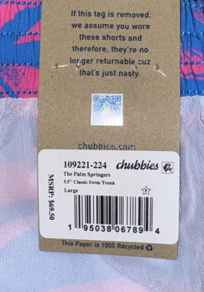 $70 Chubbies The Palm Springers 5.5" Inseam Swim Trunks-Pink/Blue- Large-New Tag